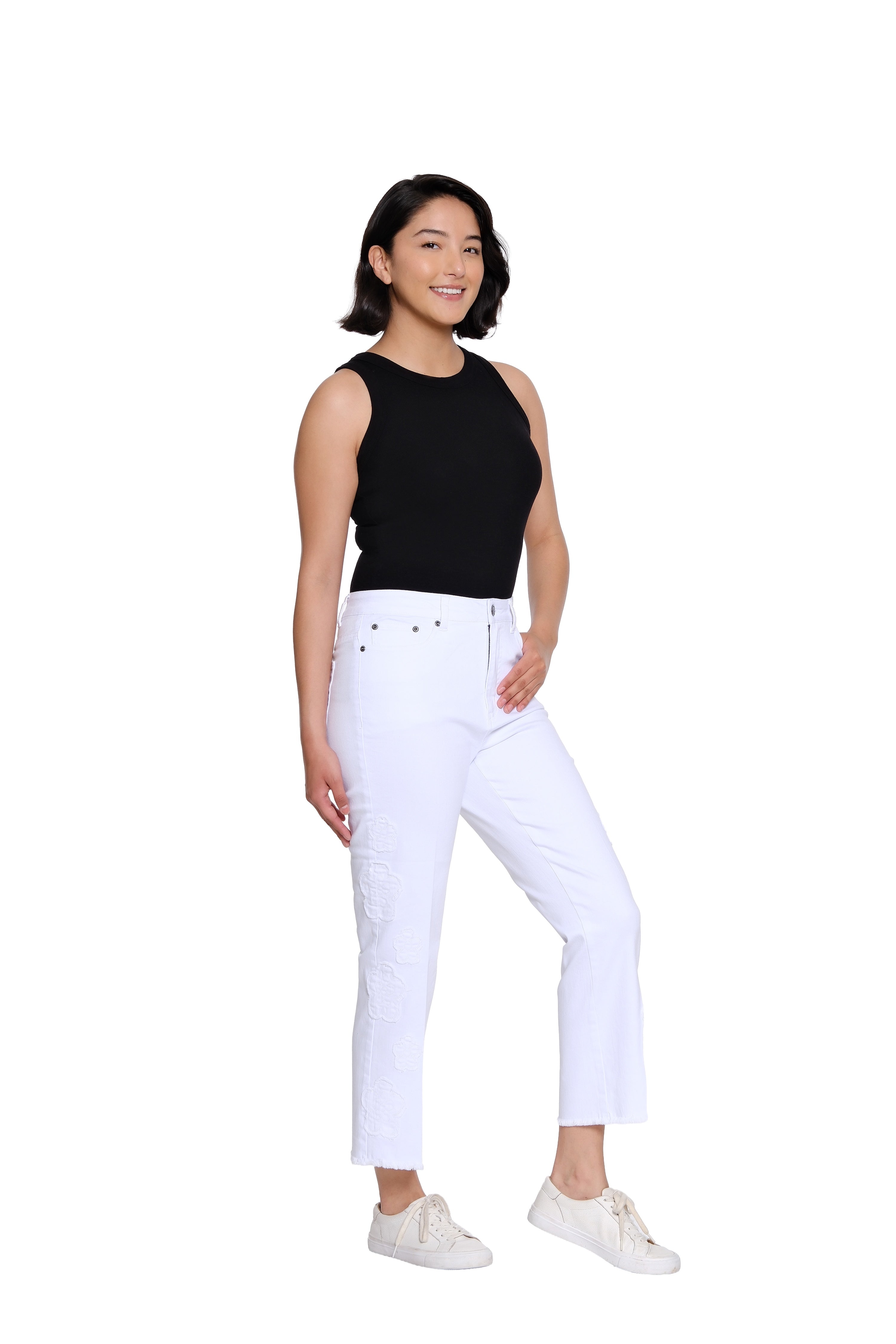 Denim Crop Pant with Appliqué Detail - Petite - White