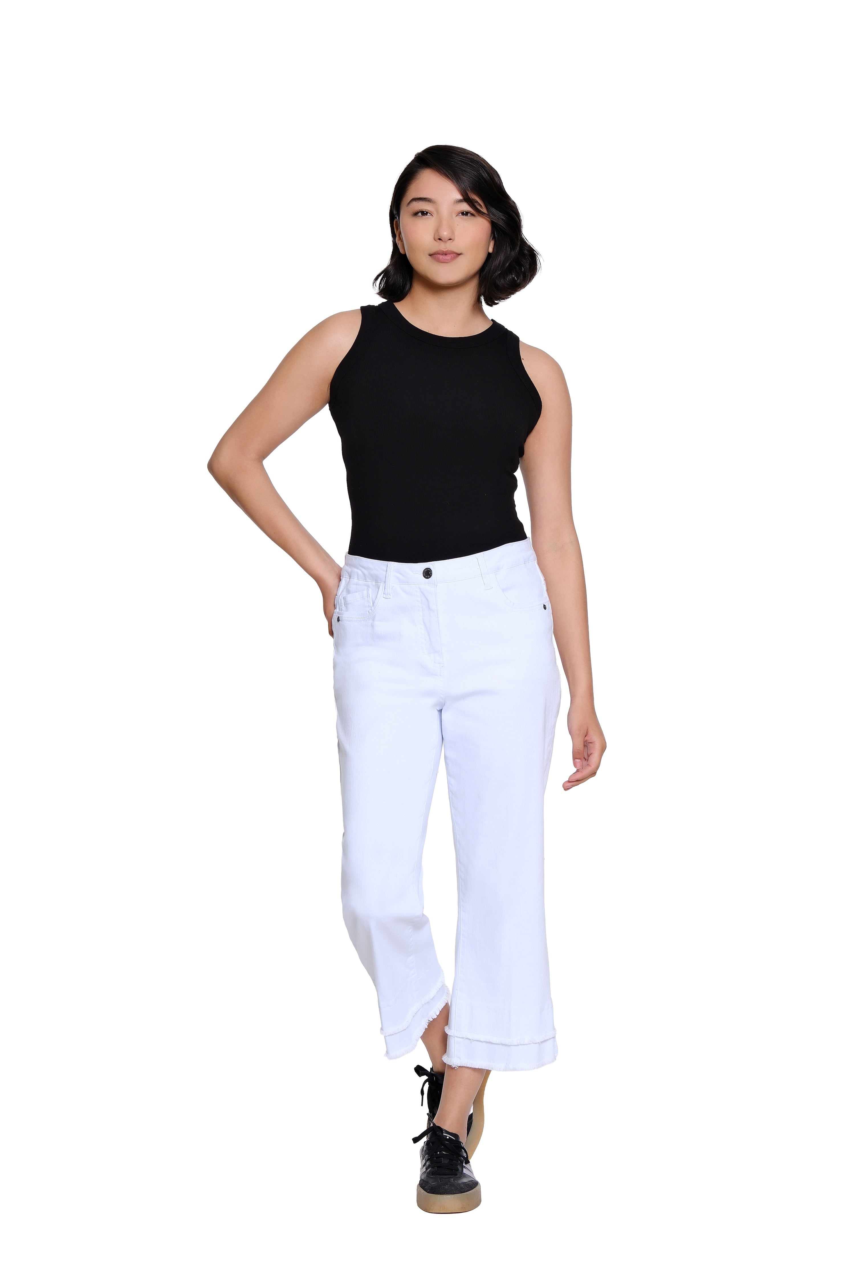 Denim Crop Pant with Double Fringe Hem - Plus - White