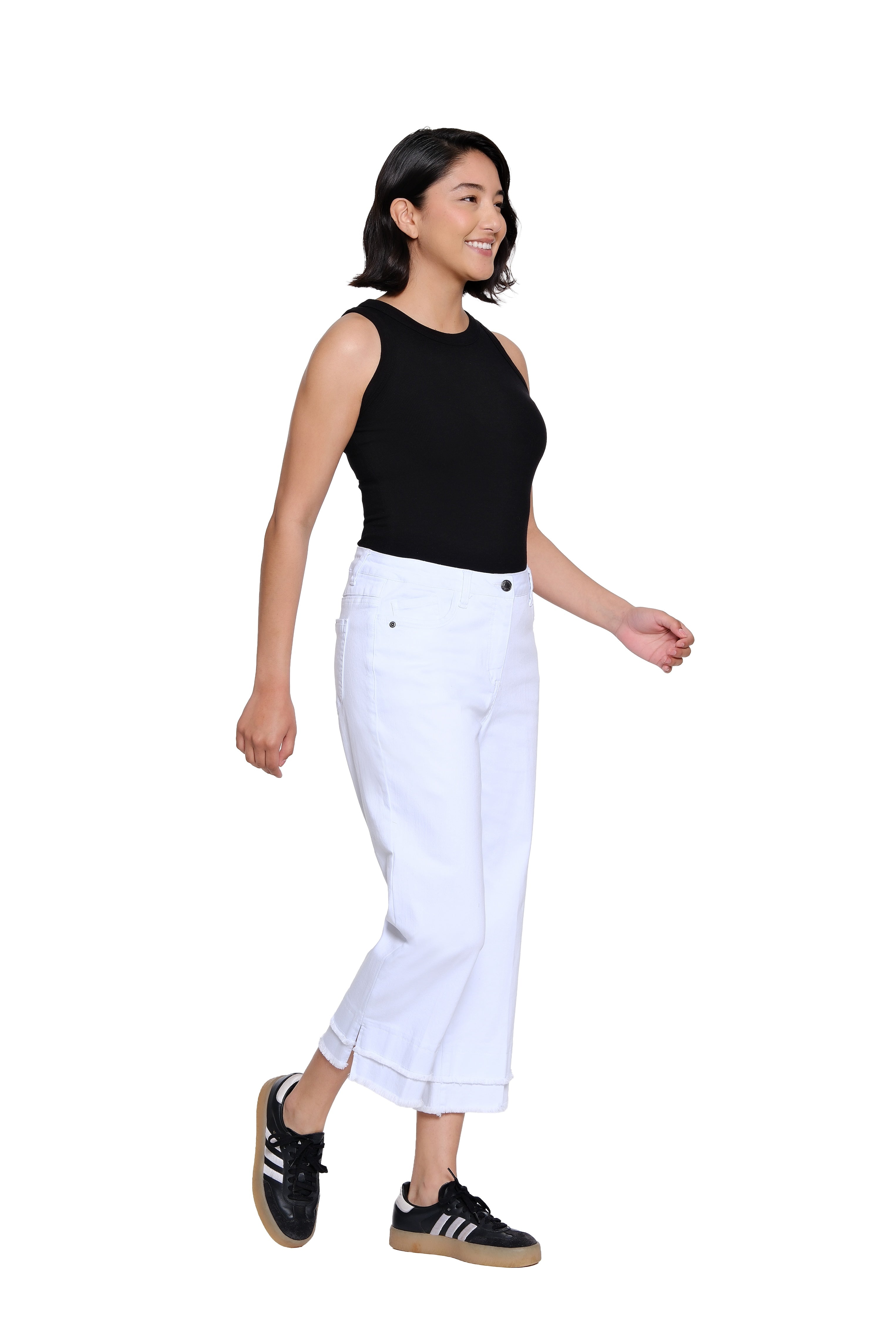 Denim Crop Pant with Double Fringe Hem - Plus - White