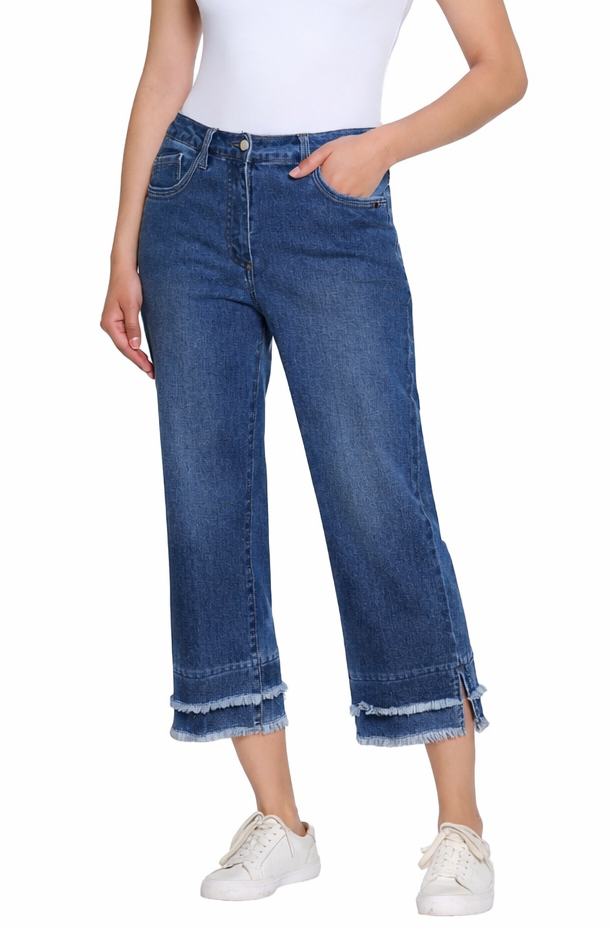 Denim Crop Pant with Double Fringe Hem - Medium Indigo