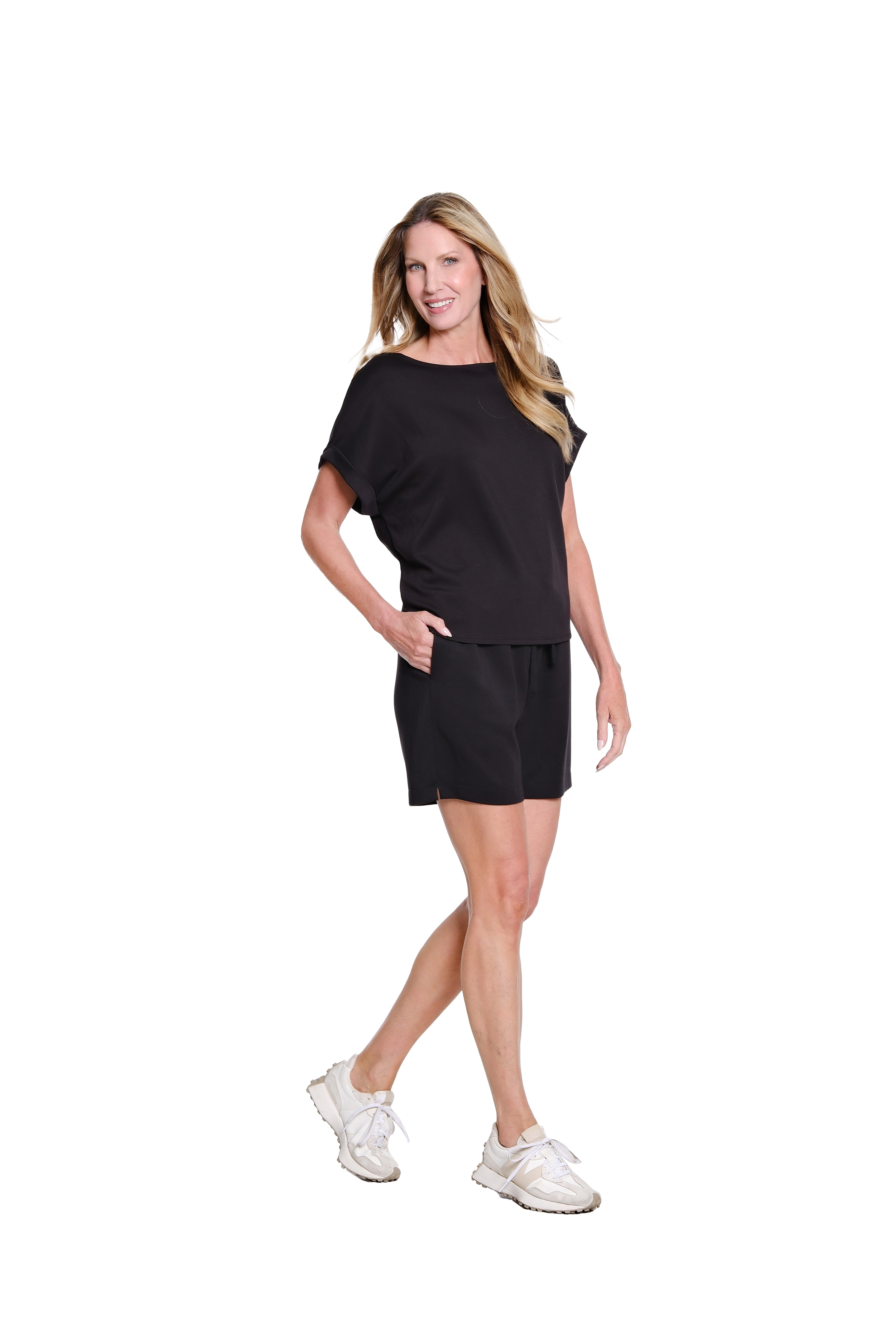 Dolman-Sleeve Knit Top with Rolled Cuffs - Black