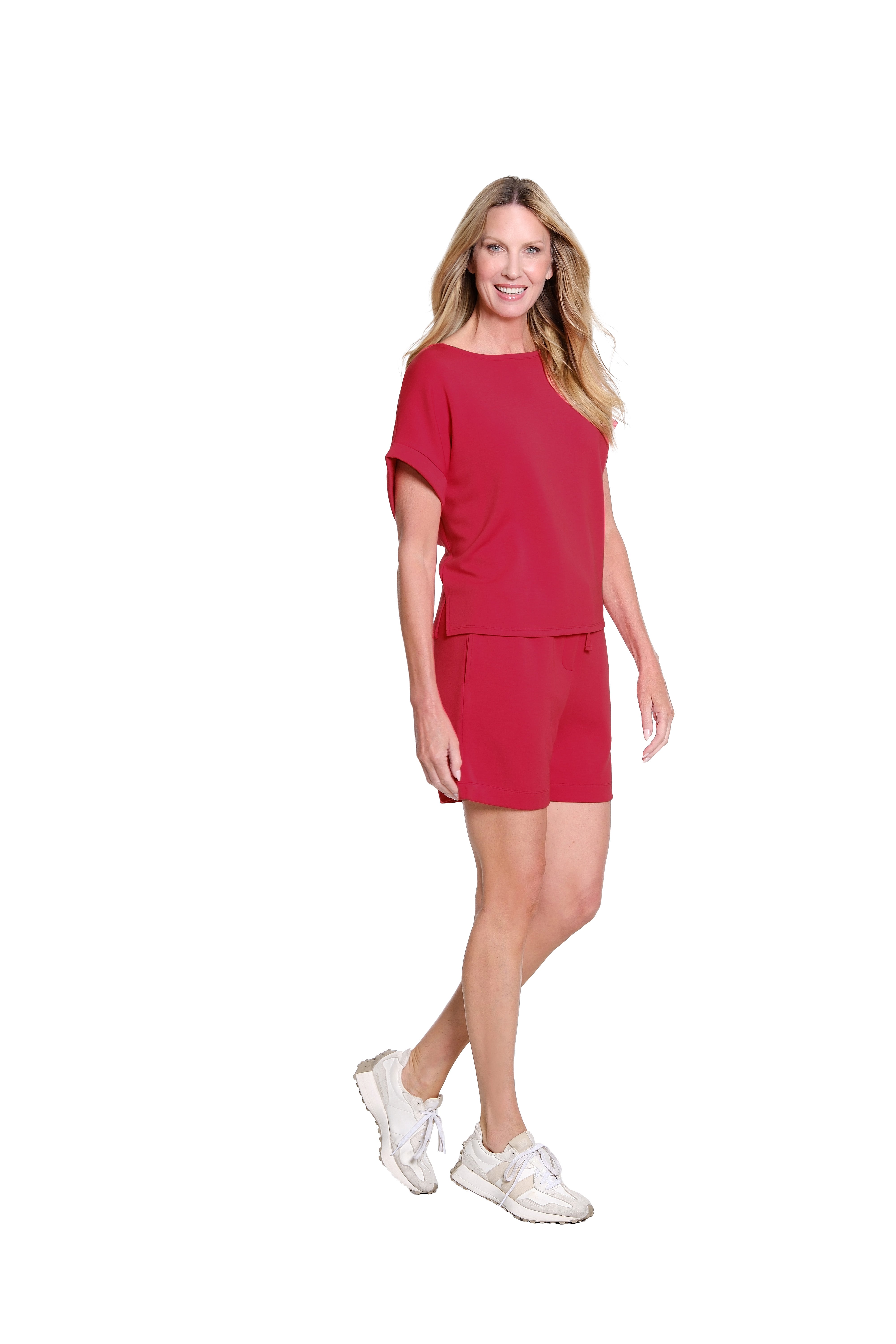 Dolman-Sleeve Knit Top with Rolled Cuffs - Fiery Red