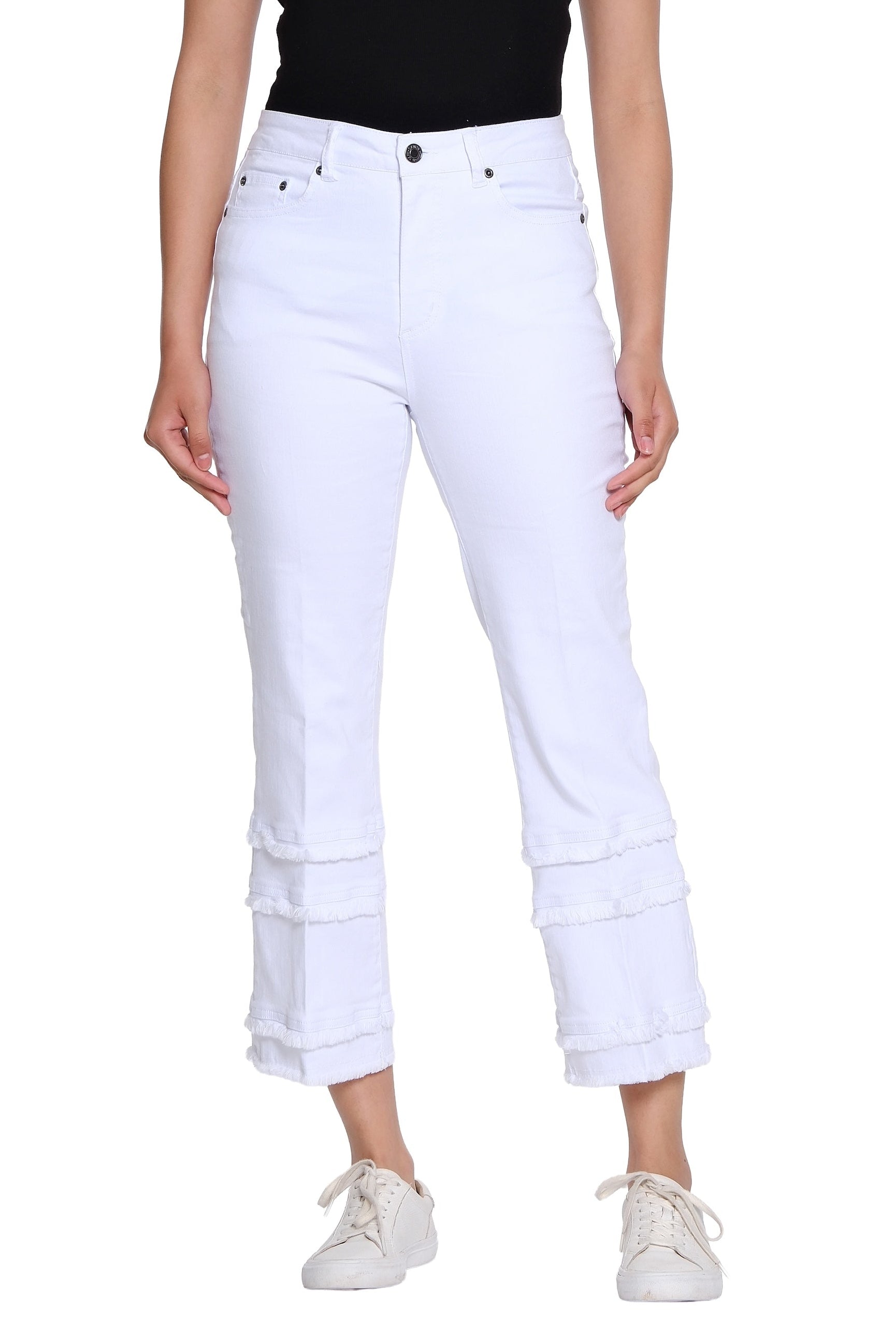 Denim Flare-Leg Crop Pant with Multi-Fringe Hem - Plus - White