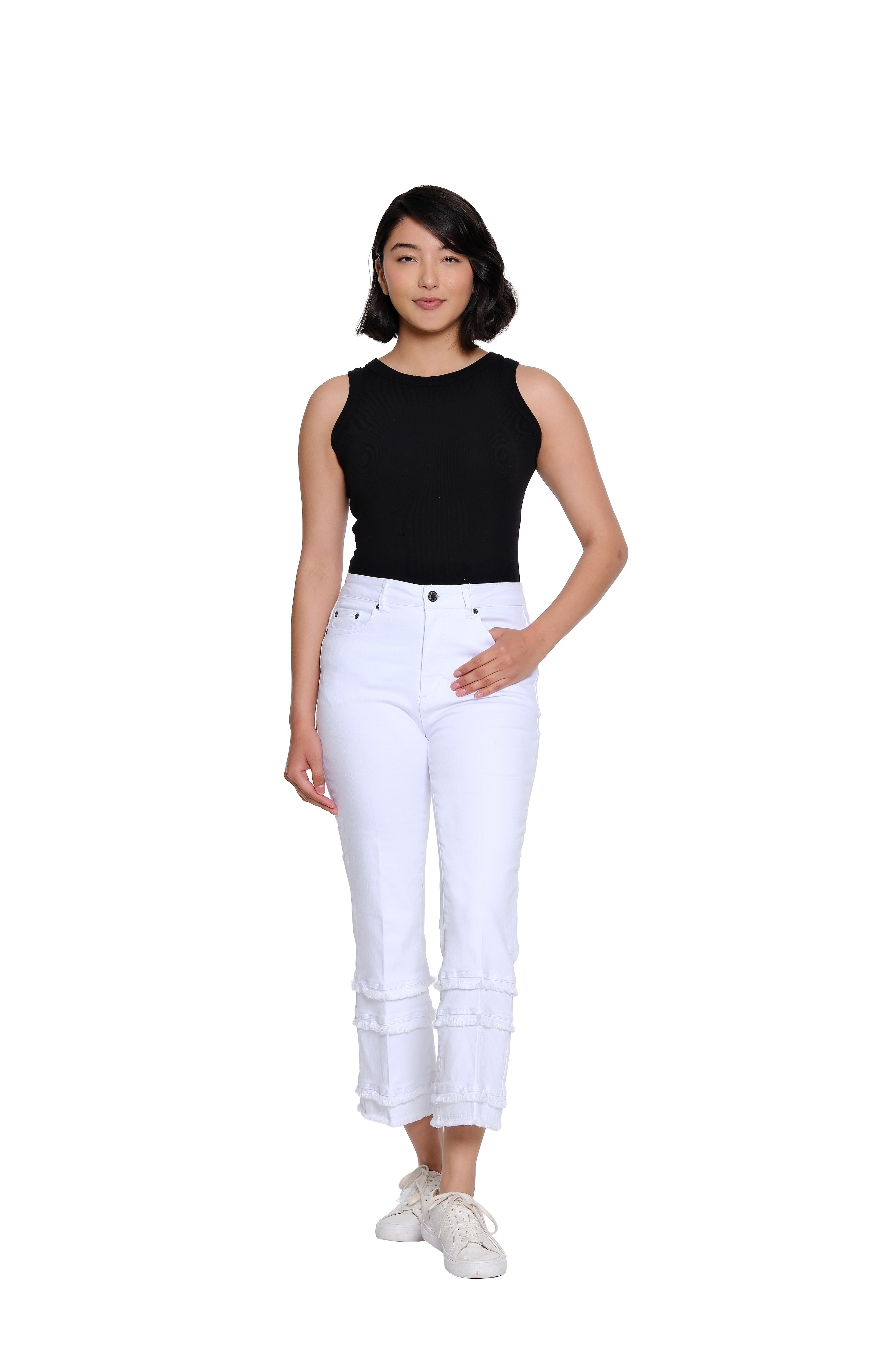 Denim Flare-Leg Crop Pant with Multi-Fringe Hem - Plus - White
