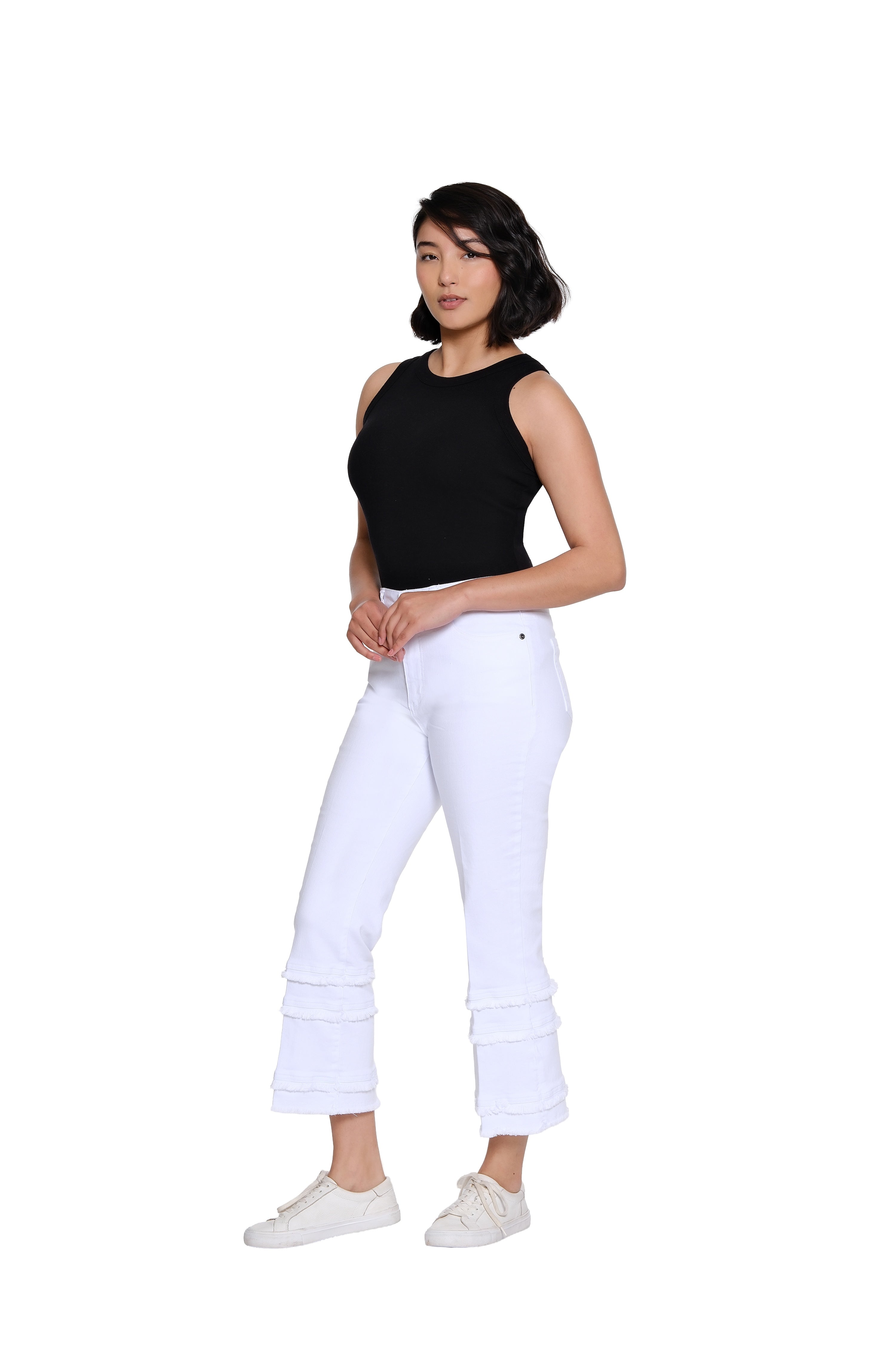 Denim Flare-Leg Crop Pant with Multi-Fringe Hem - Plus - White