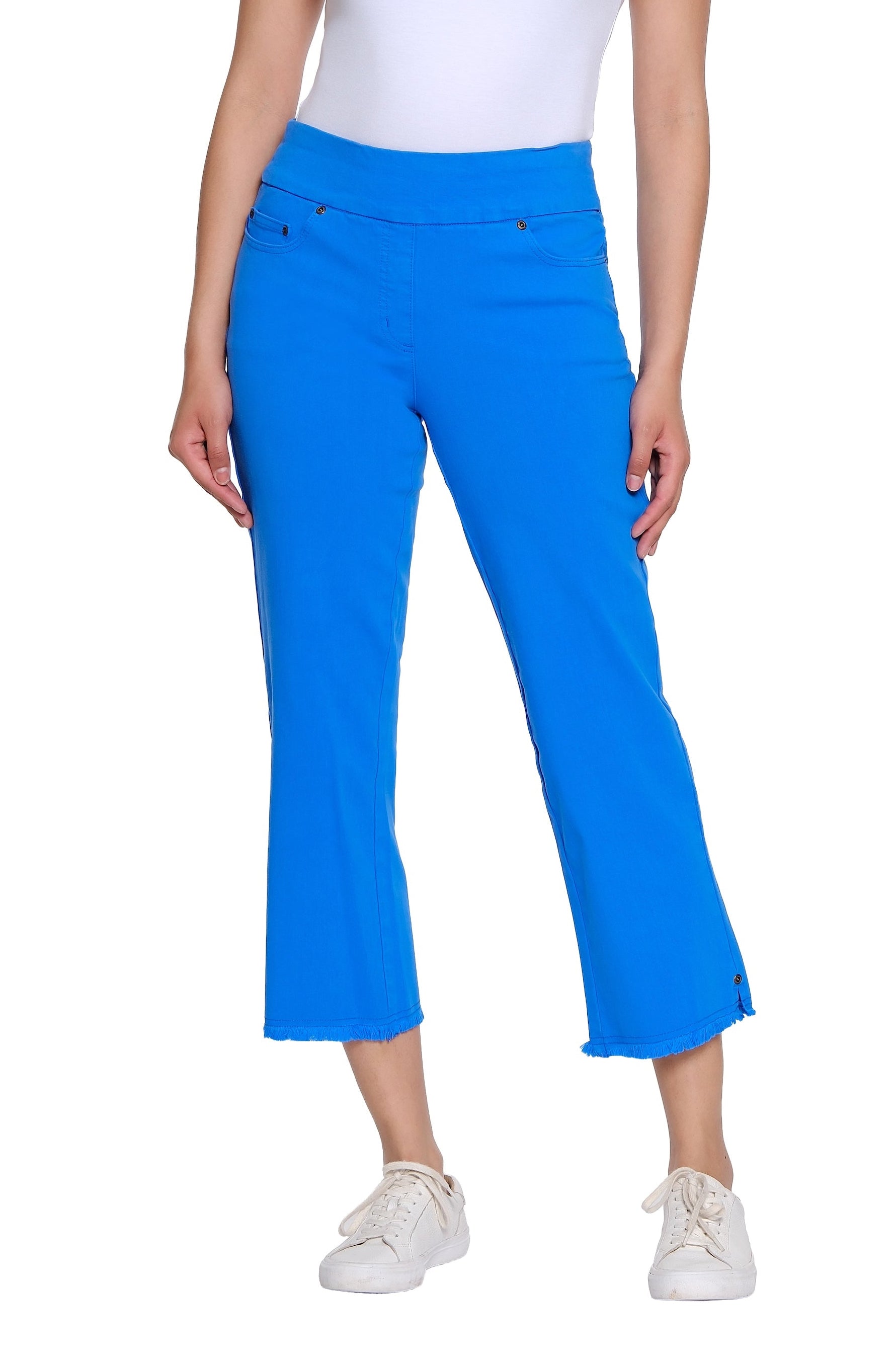 Stretch Denim Crop Pant with Fringe Hem - Electric Blue