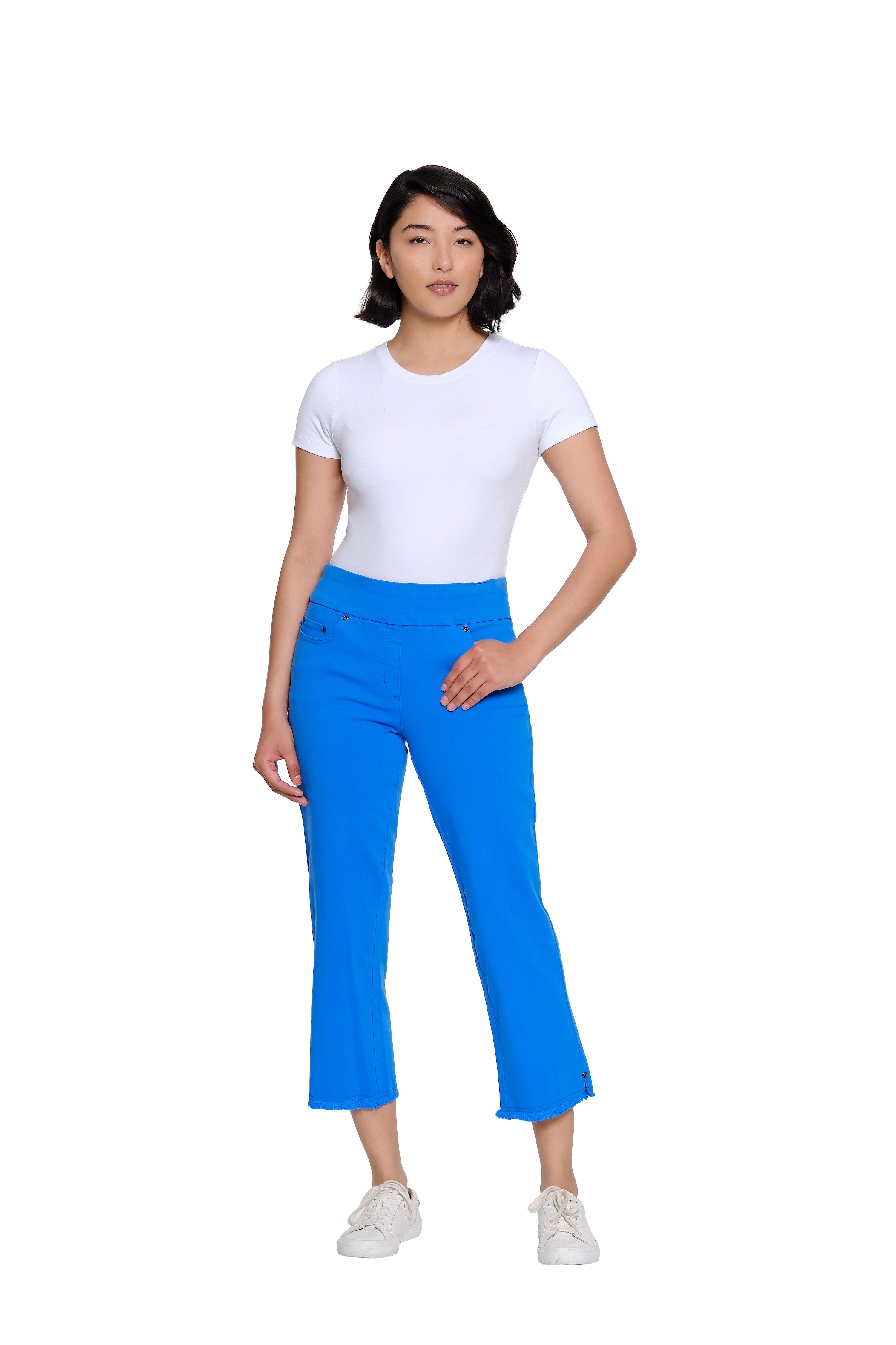 Stretch Denim Crop Pant with Fringe Hem - Electric Blue