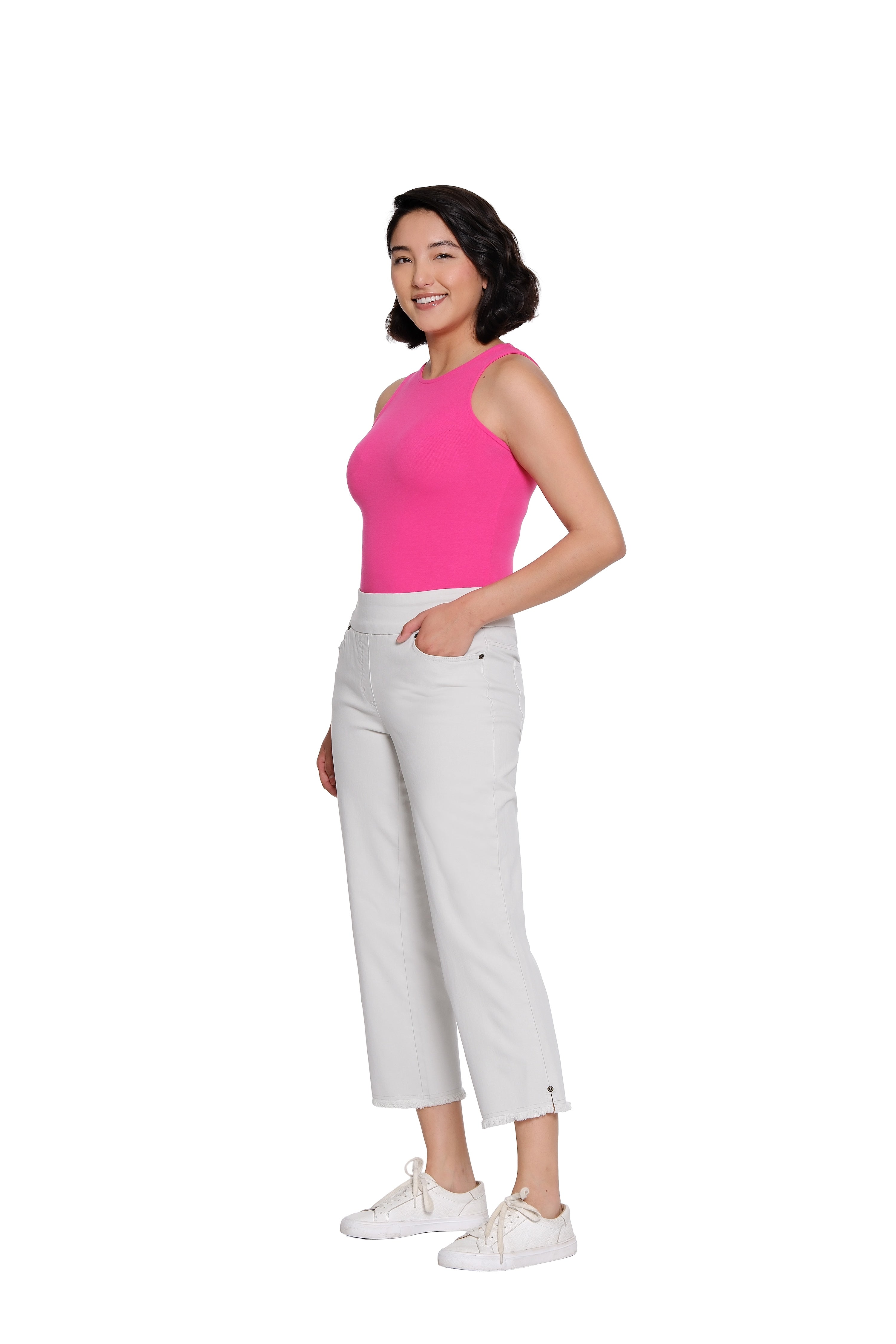 Stretch Denim Crop Pant with Fringe Hem - Ice Grey