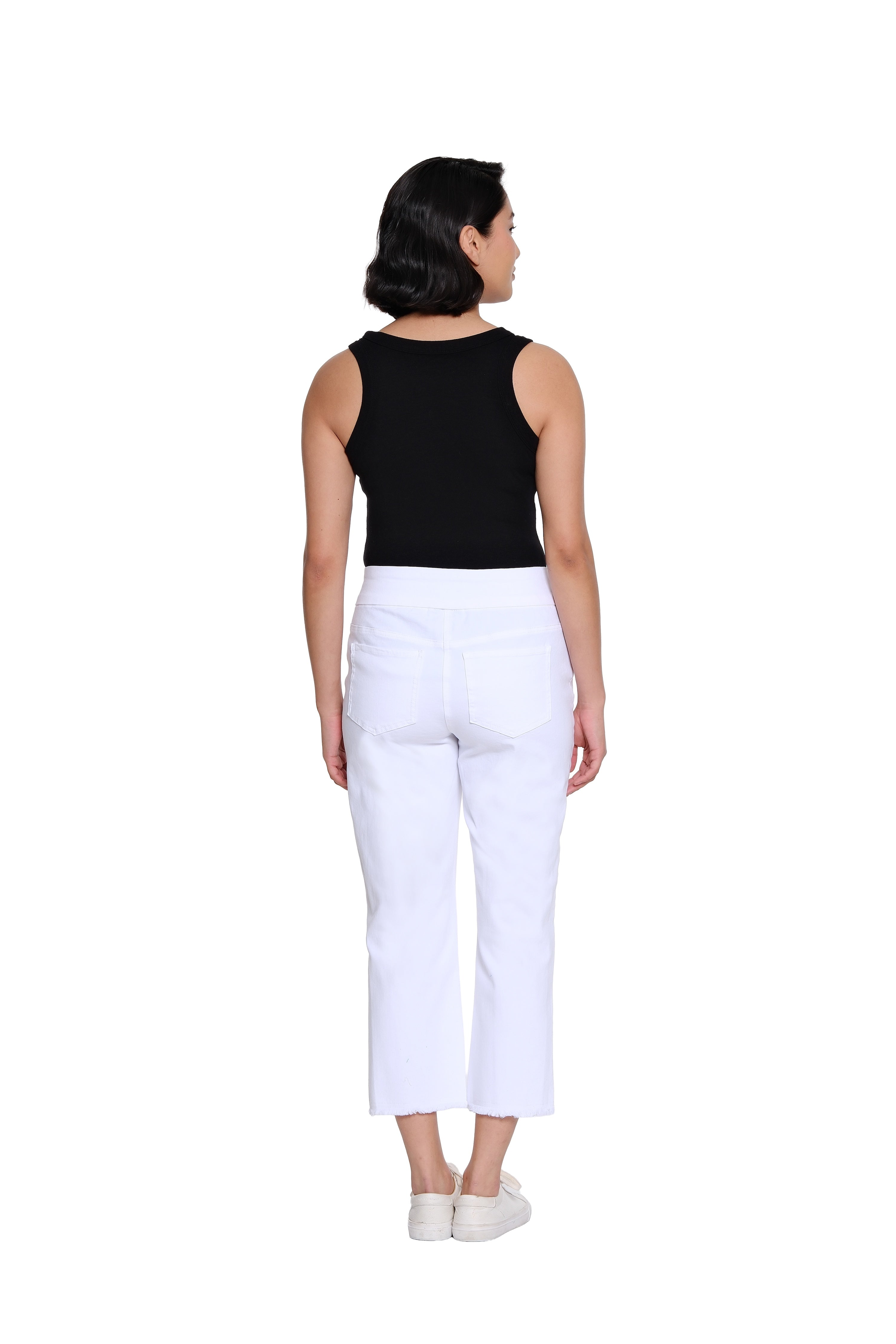 Stretch Denim Crop Pant with Fringe Hem - White