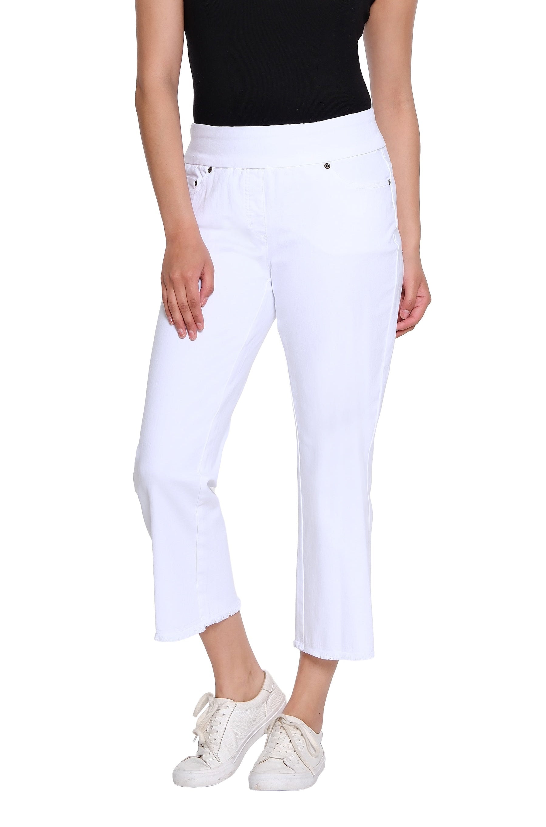 Stretch Denim Crop Pant with Fringe Hem - White