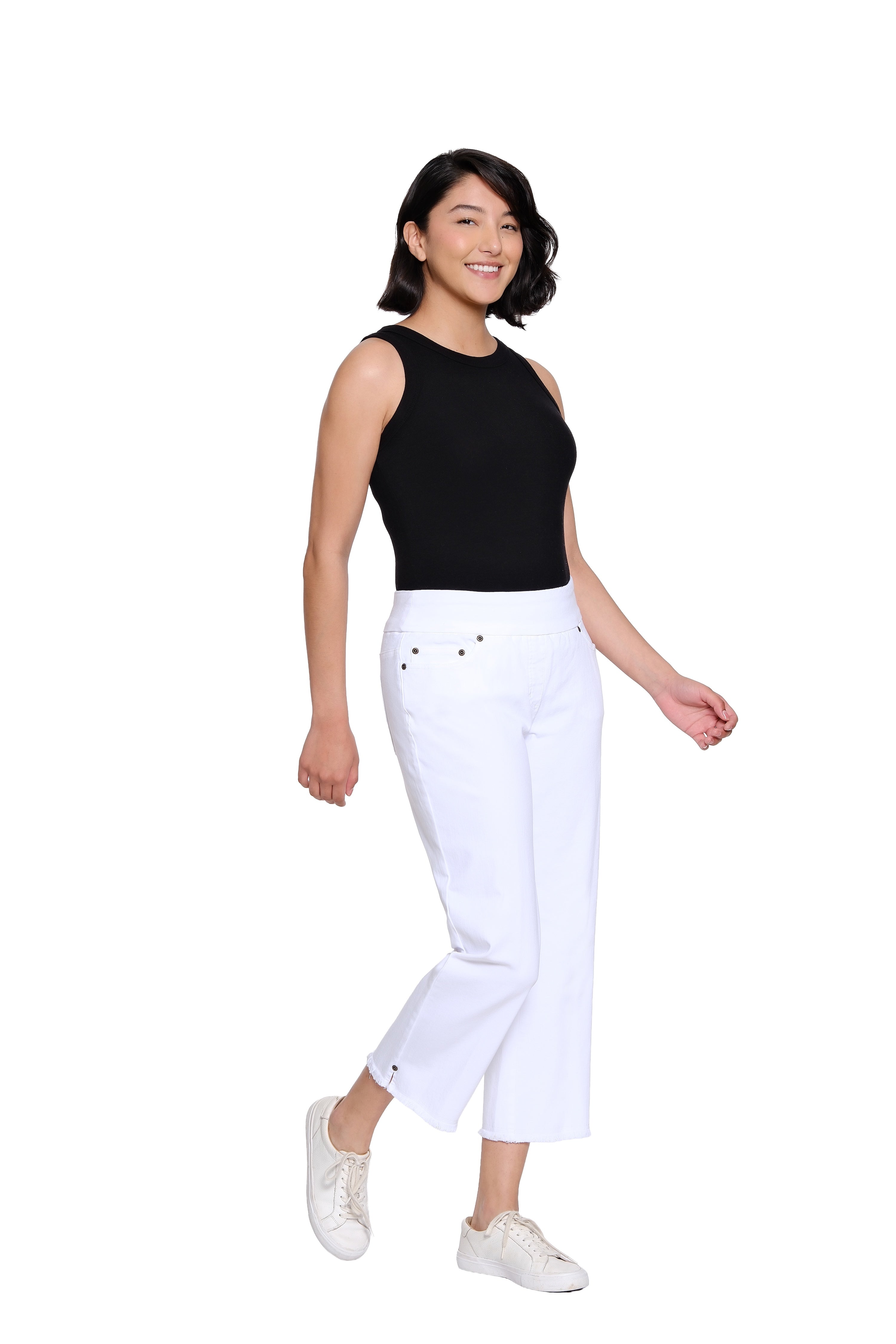 Stretch Denim Crop Pant with Fringe Hem - White