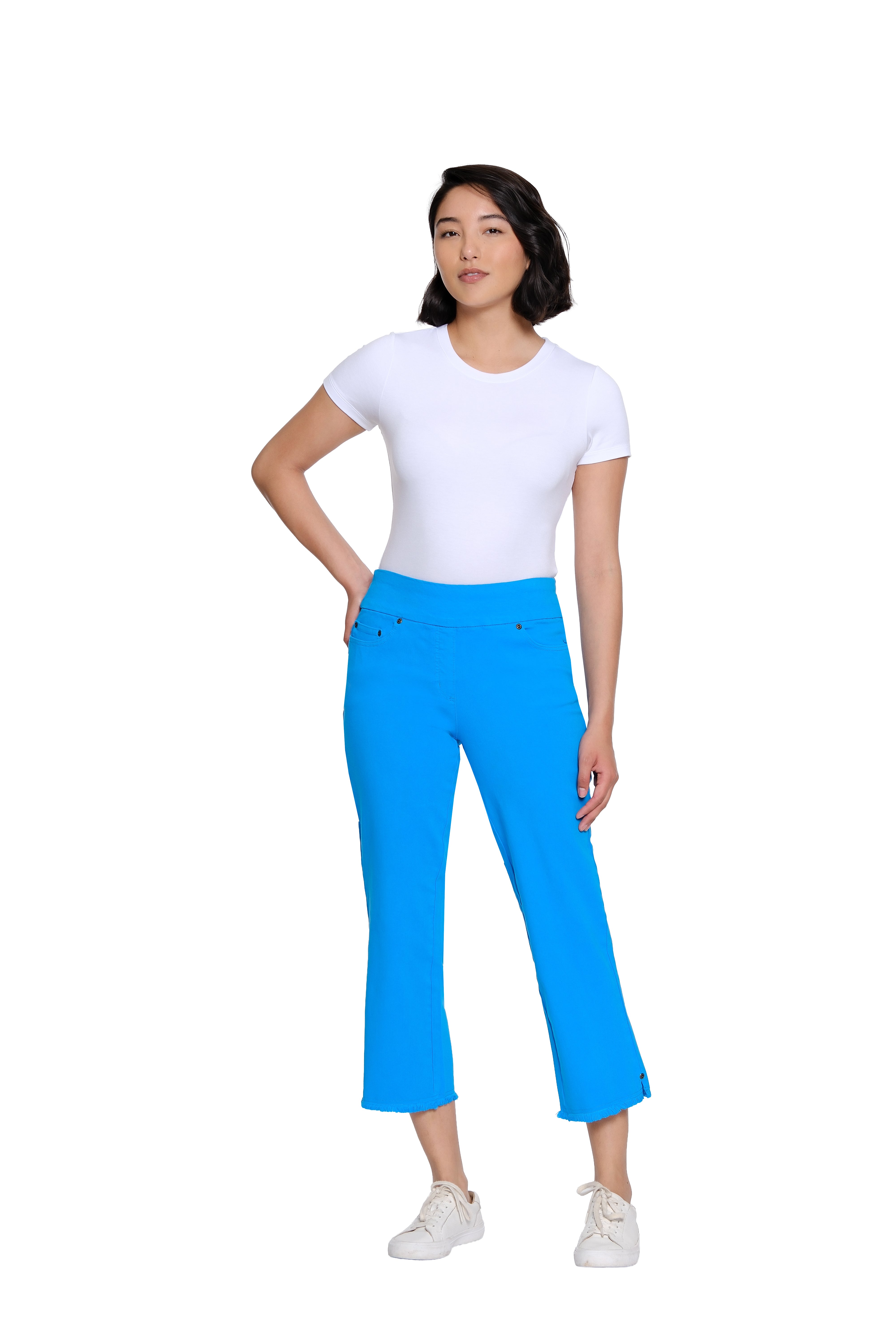 Stretch Denim Crop Pant with Fringe Hem - Bright Turquoise