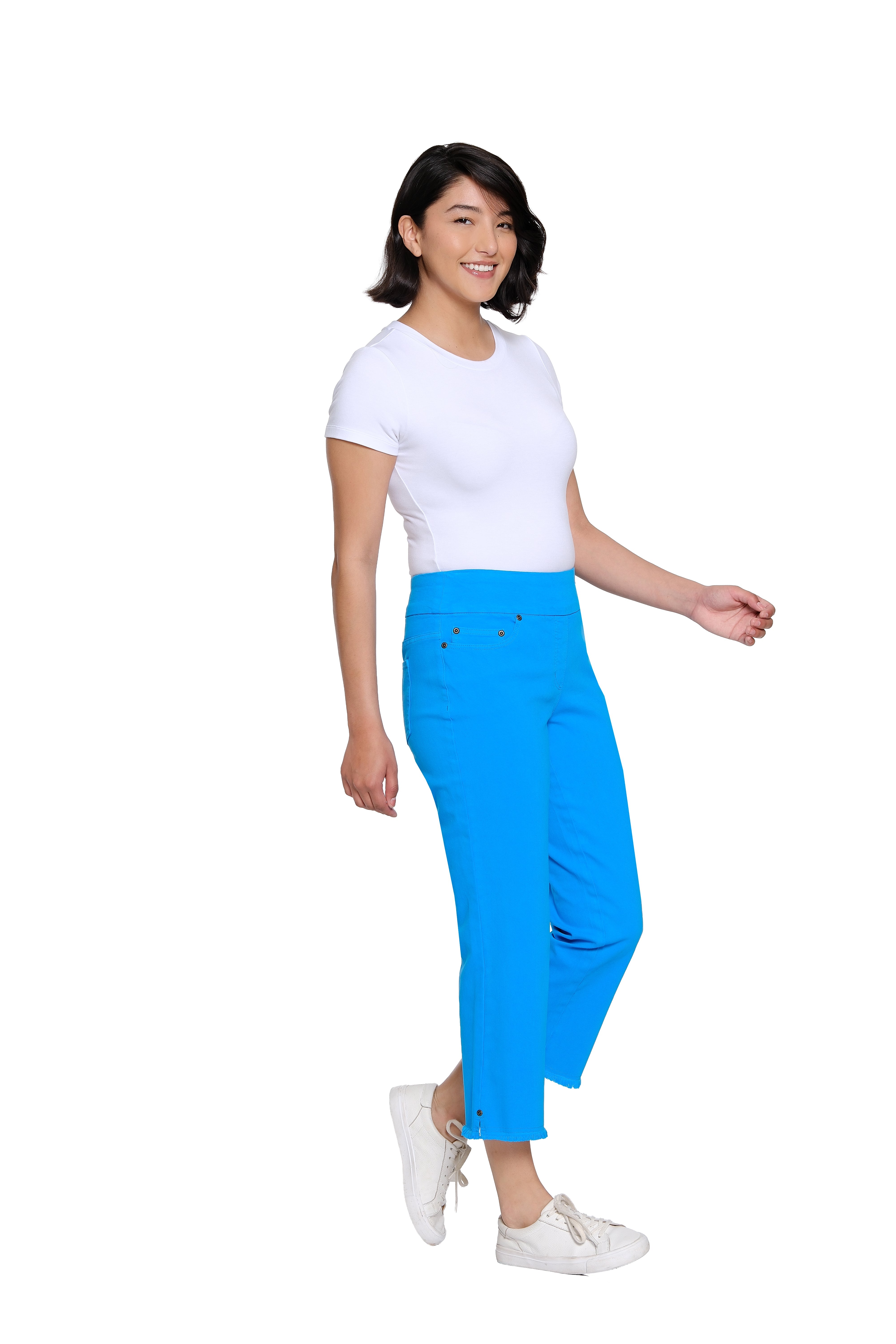 Stretch Denim Crop Pant with Fringe Hem - Bright Turquoise