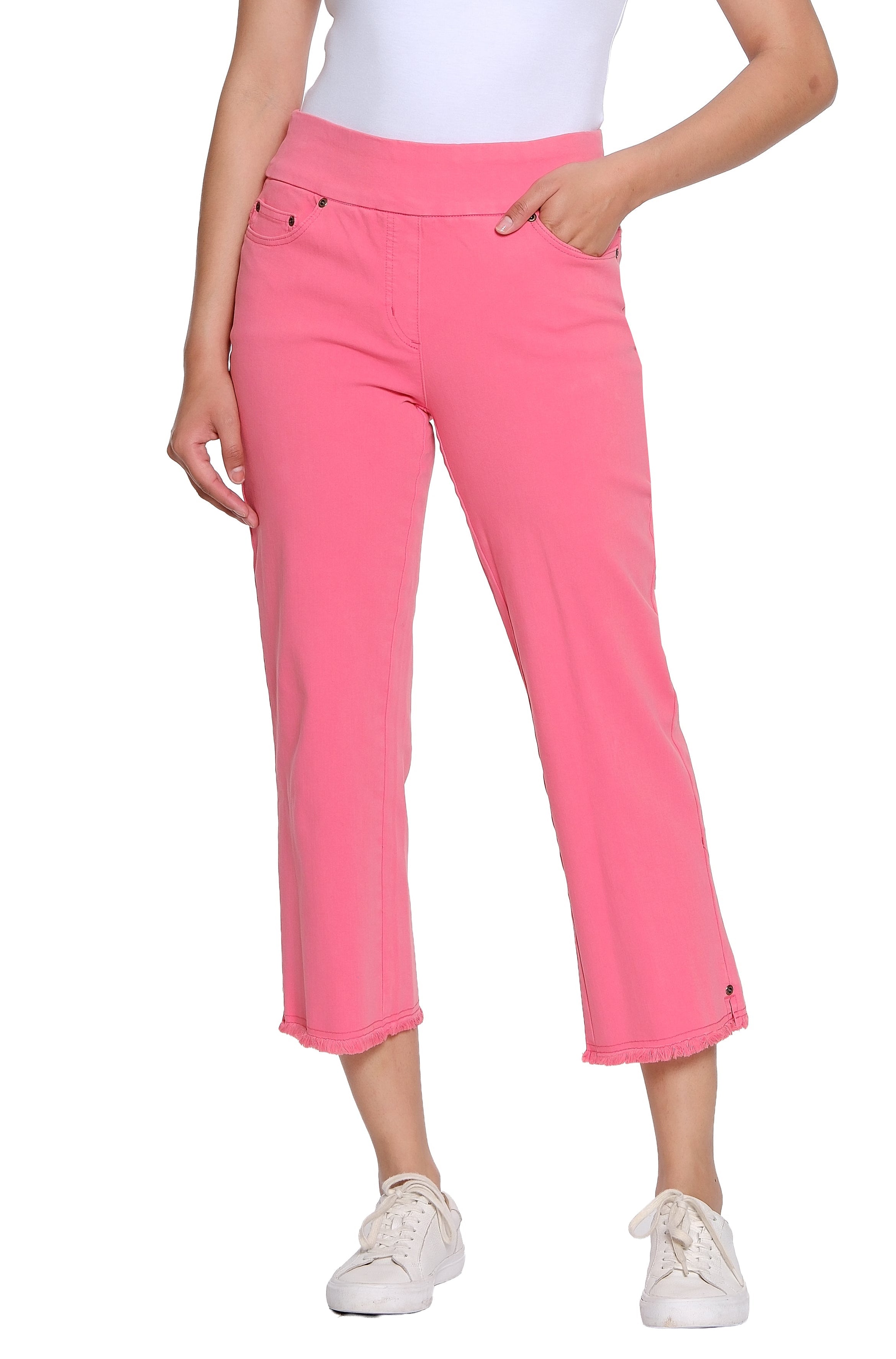 Stretch Denim Crop Pant with Fringe Hem - Coral Pink