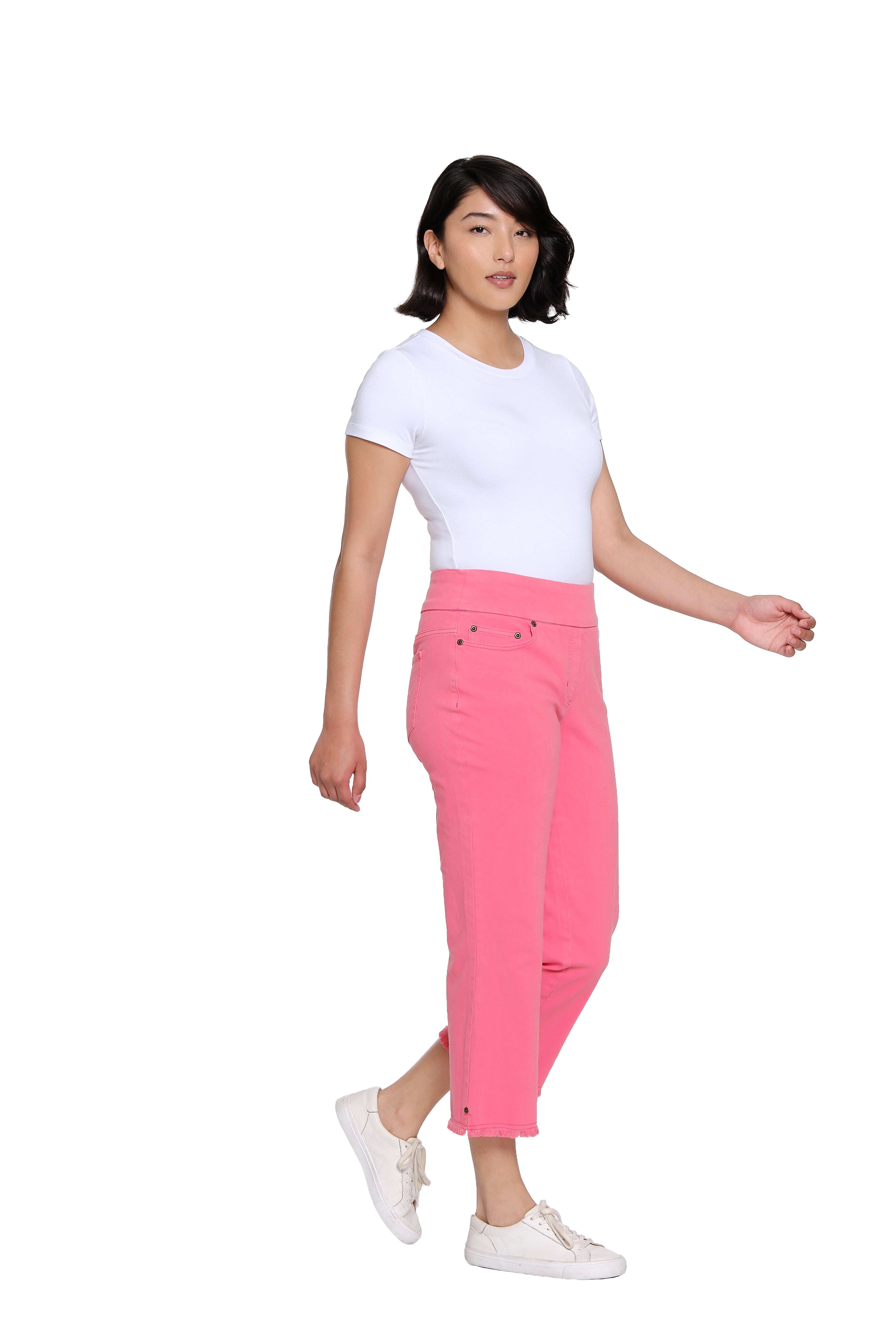 Stretch Denim Crop Pant with Fringe Hem - Coral Pink