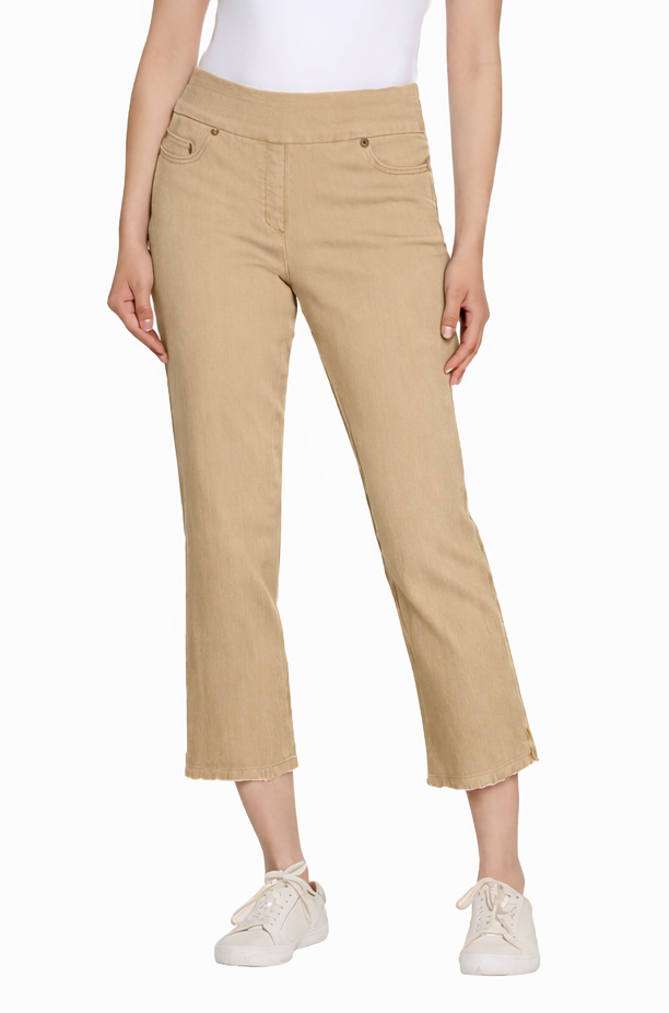 Stretch Denim Crop Pant with Fringe Hem - Khaki