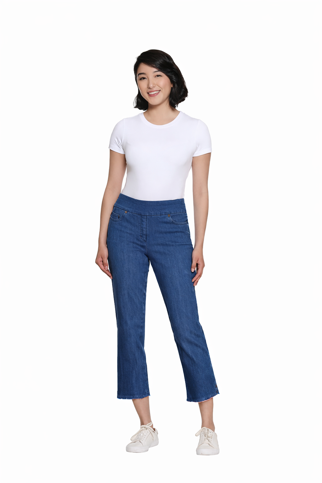 Stretch Denim Crop Pant with Fringe Hem - Medium Indigo