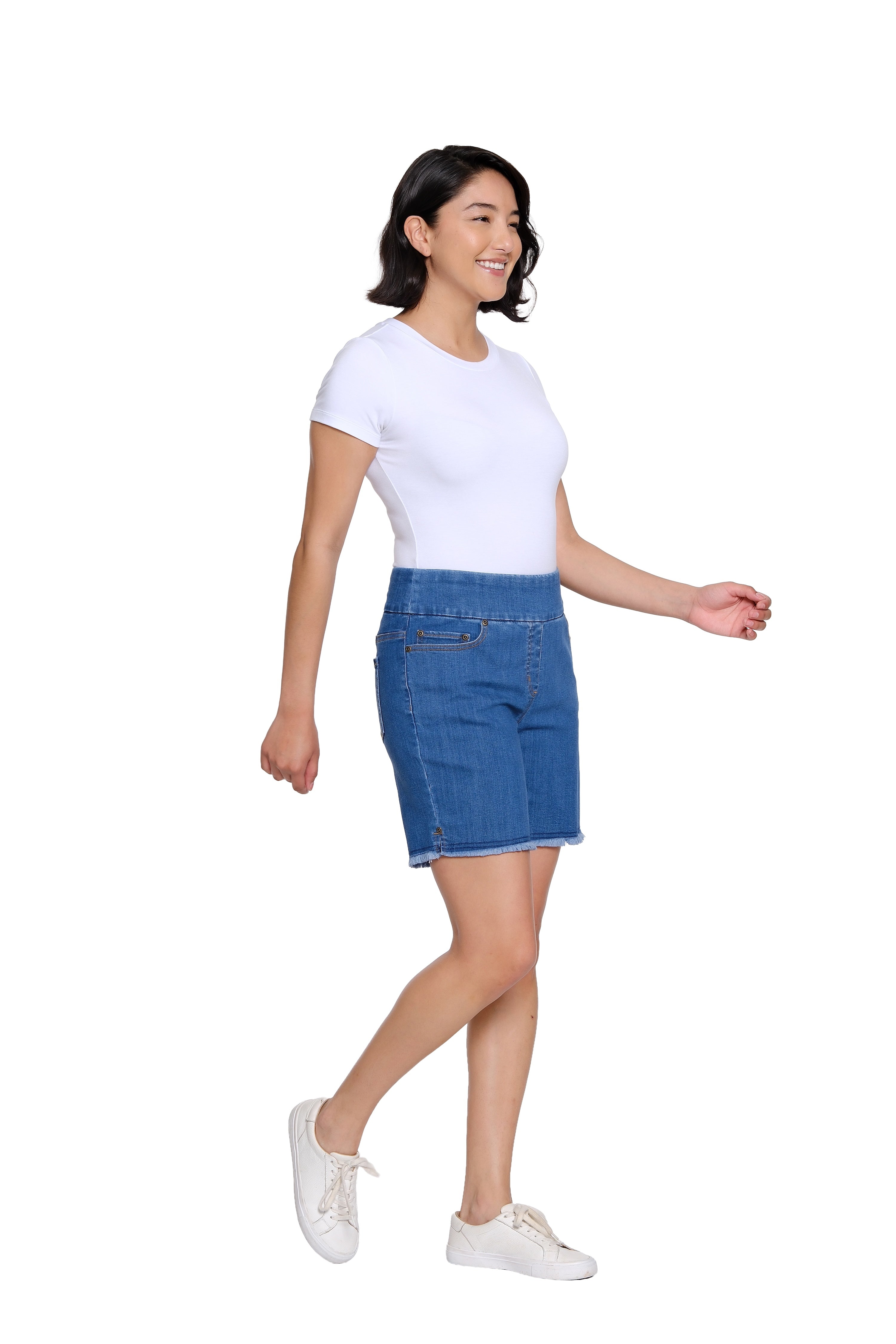 Stretch Denim Short with Fringe Hem - Medium Indigo