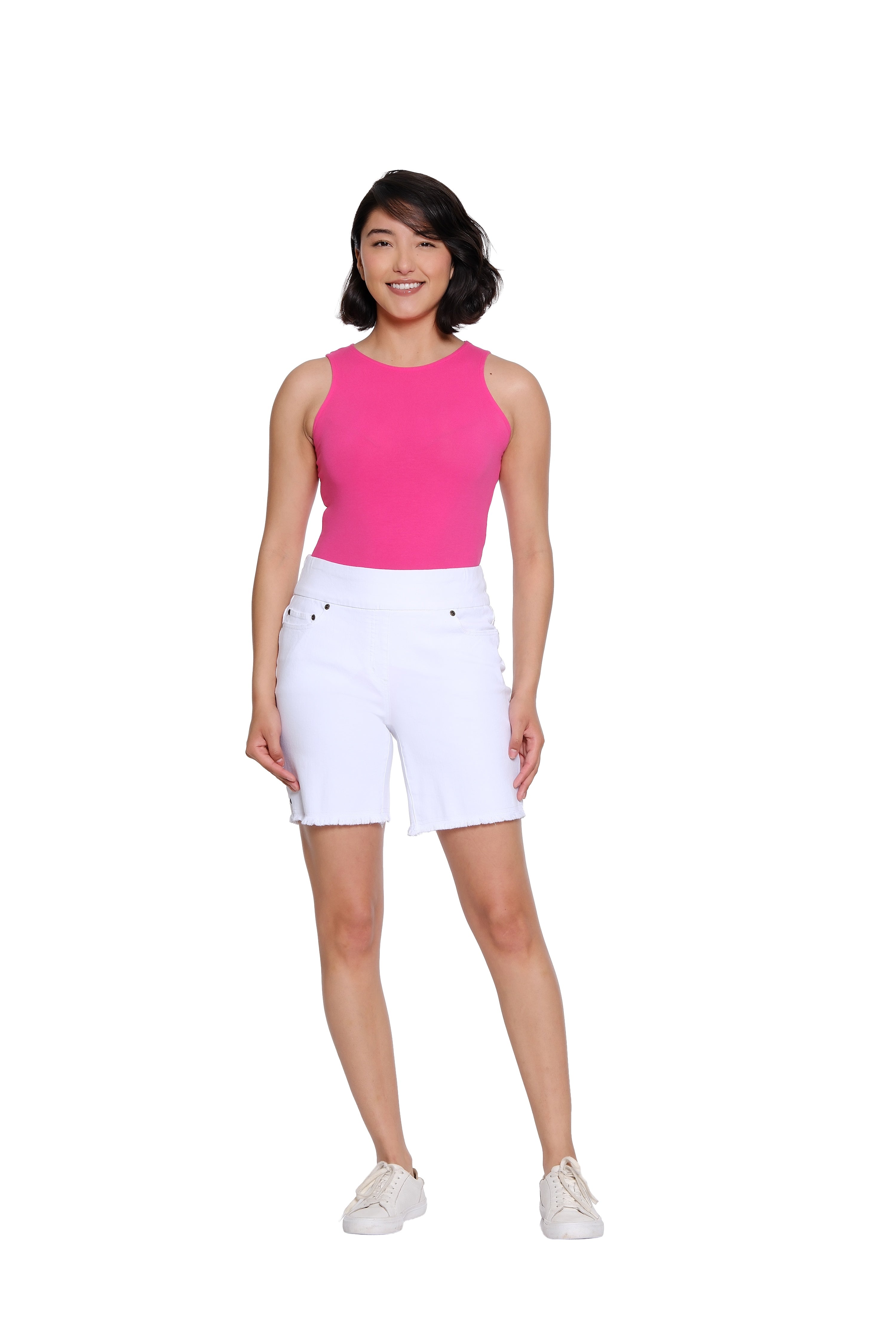 Stretch Denim Short with Fringe Hem - Petite - White
