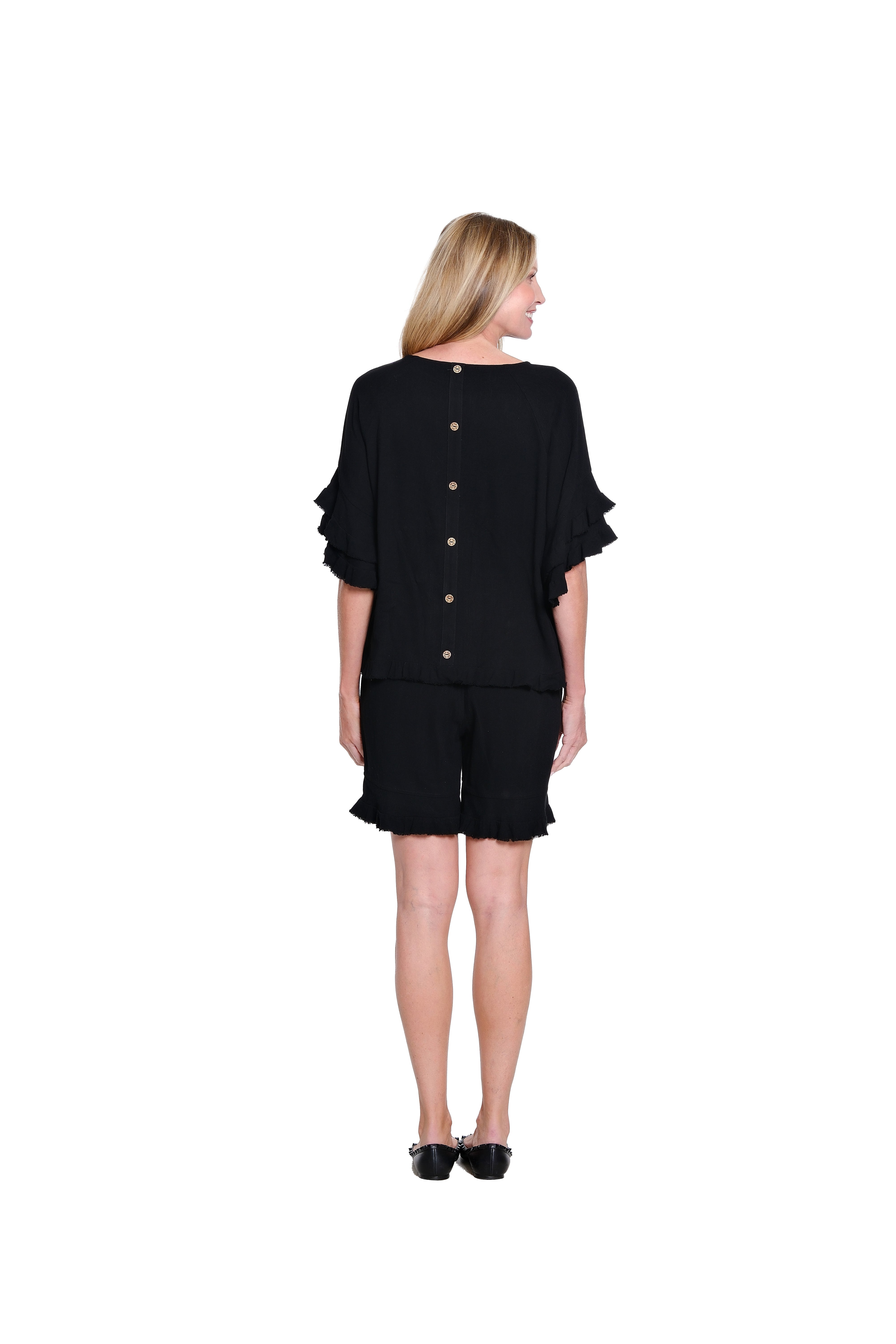 Textured Slub Top with Double Flounce Sleeves - Black