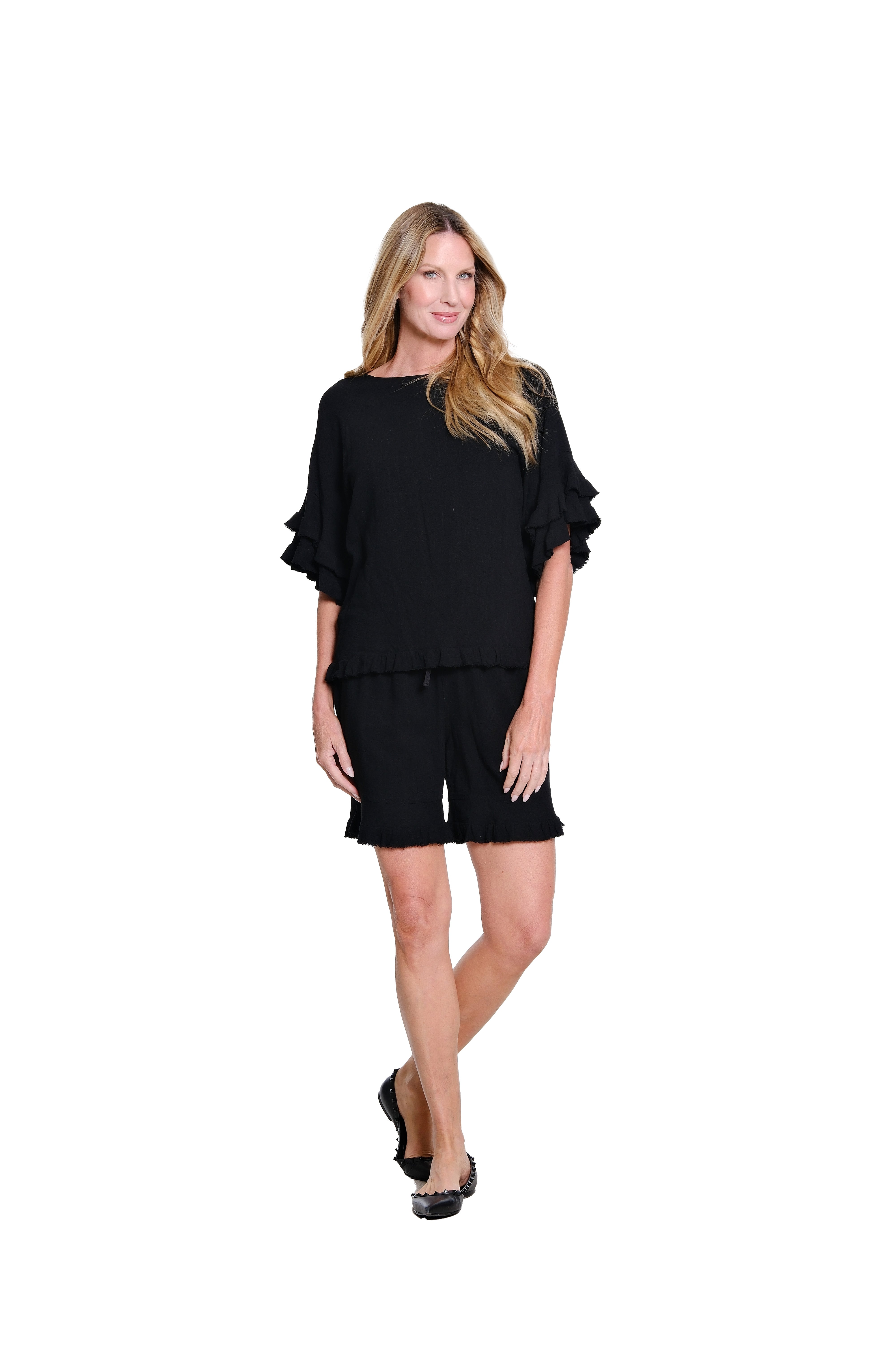Textured Slub Top with Double Flounce Sleeves - Black