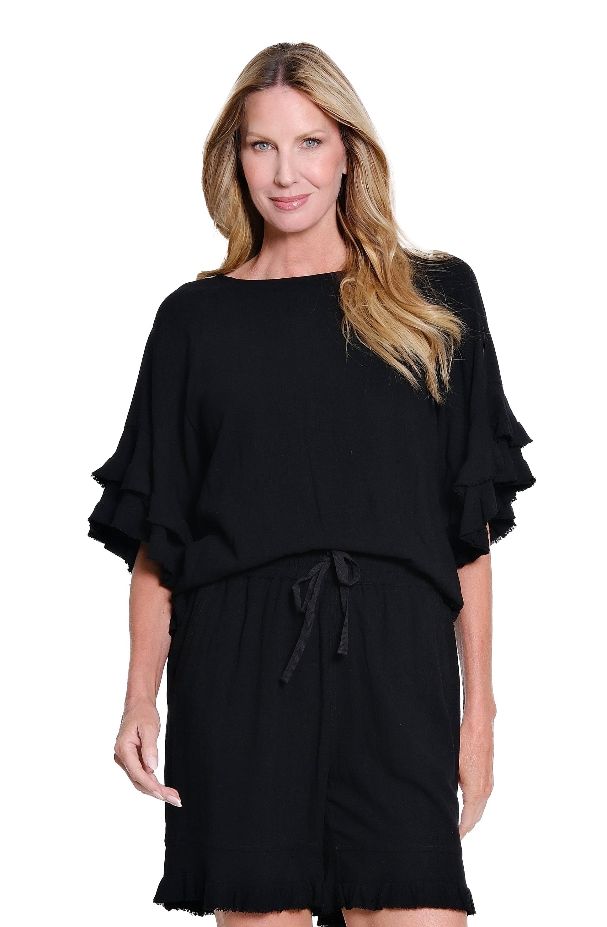 Textured Slub Top with Double Flounce Sleeves - Black
