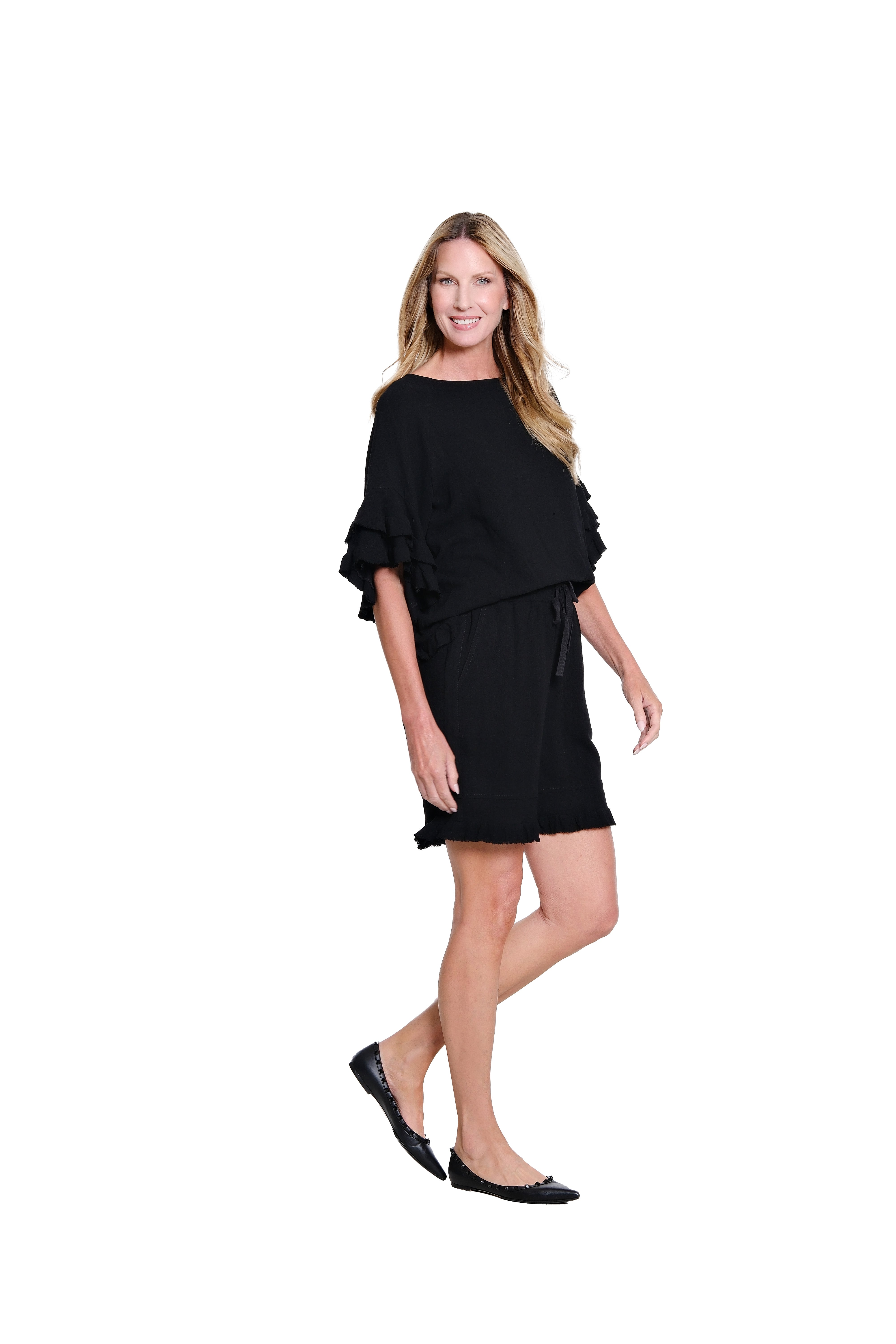 Textured Slub Top with Double Flounce Sleeves - Black