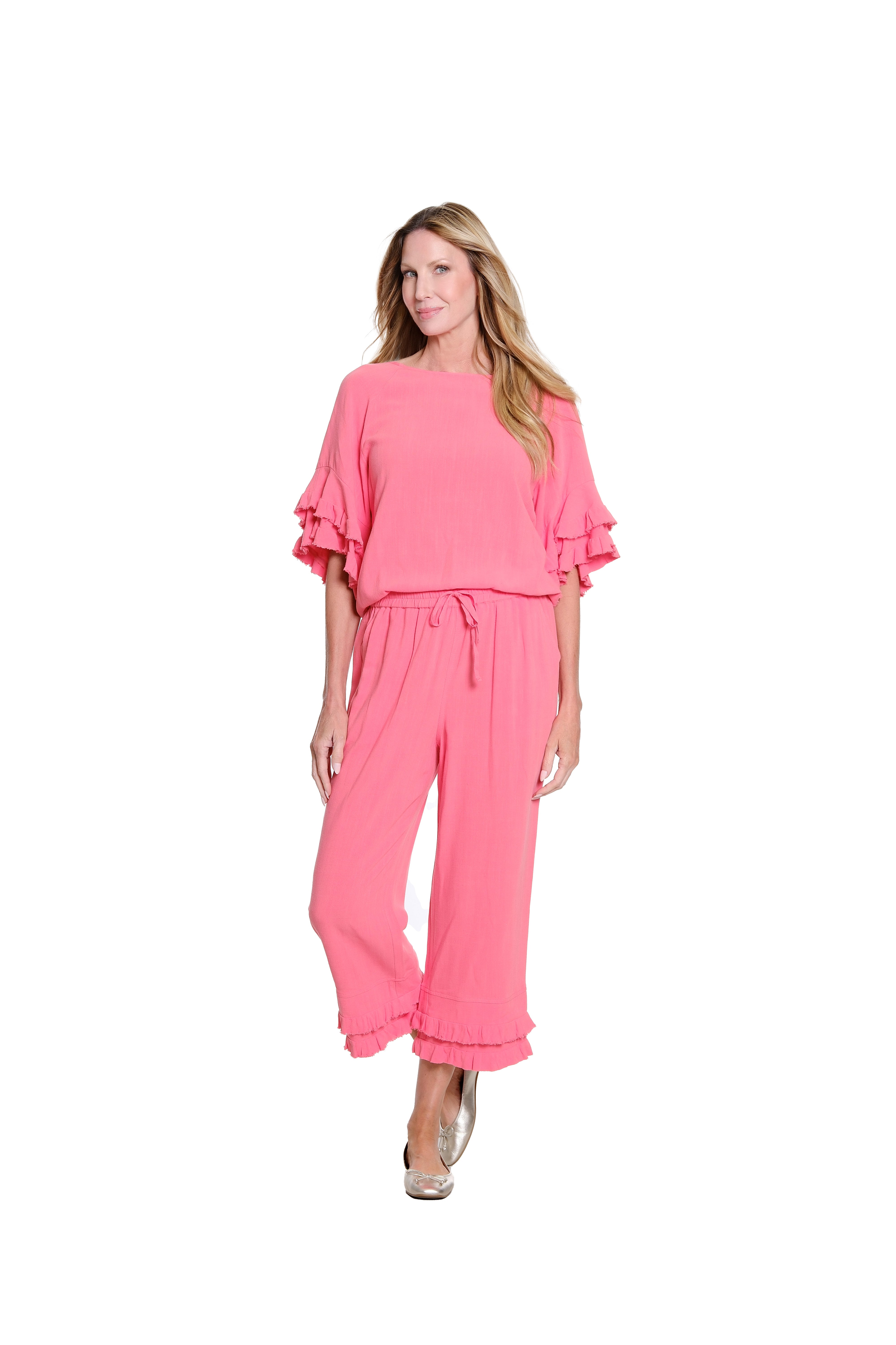 Drawstring Fringe Flounce Crop Pant- Petite