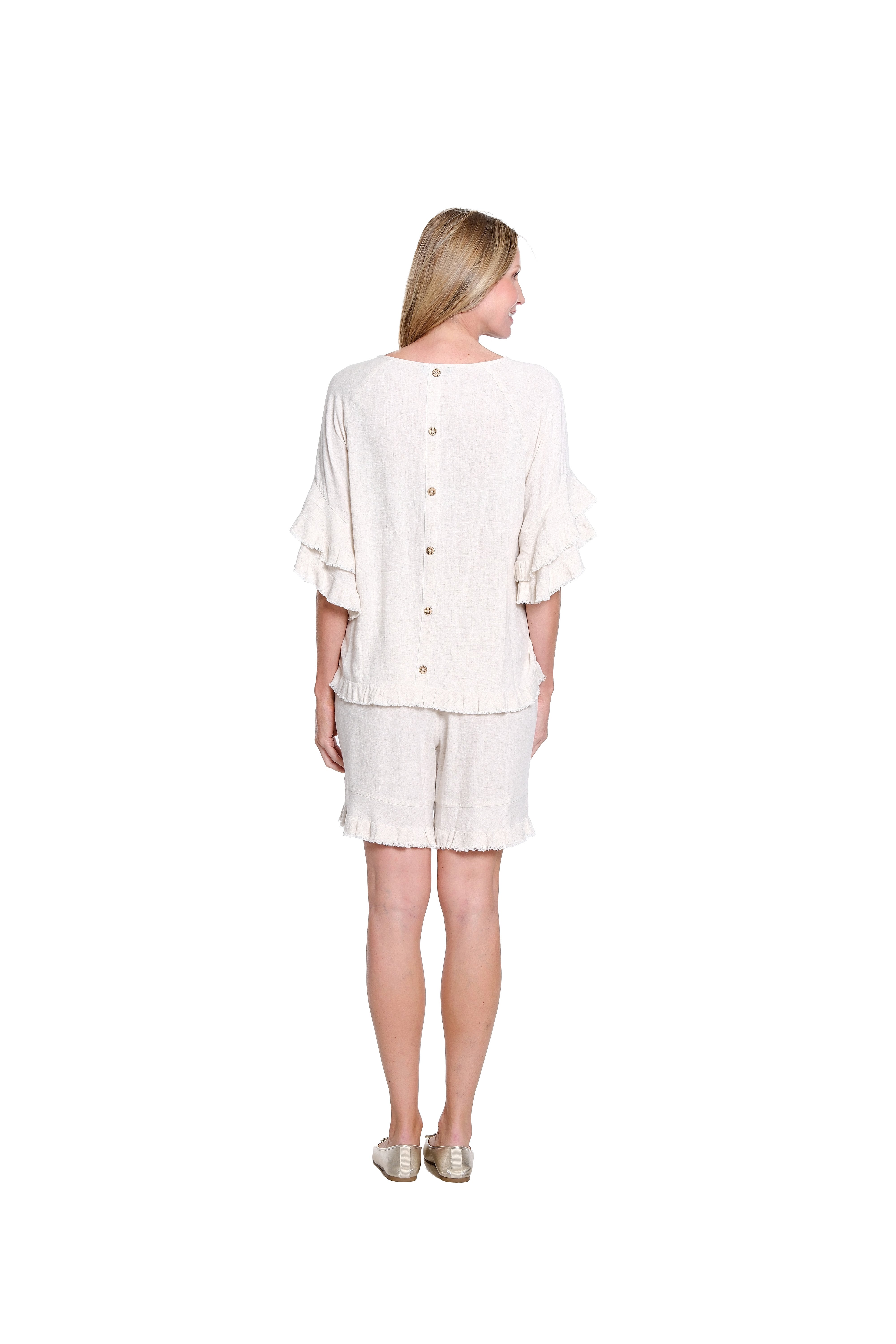Textured Slub Top with Double Flounce Sleeves - Plus - Flax