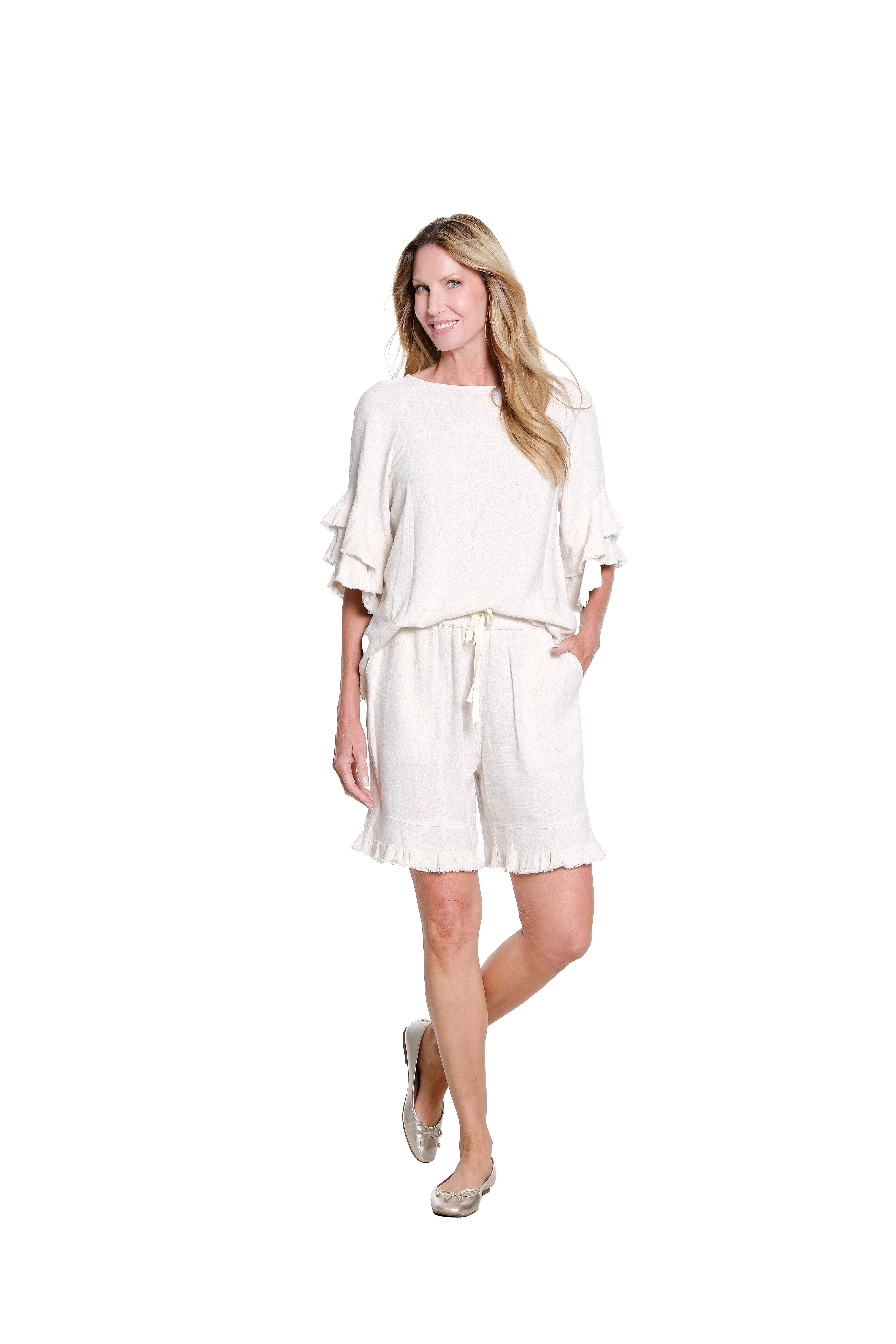 Textured Slub Top with Double Flounce Sleeves - Flax