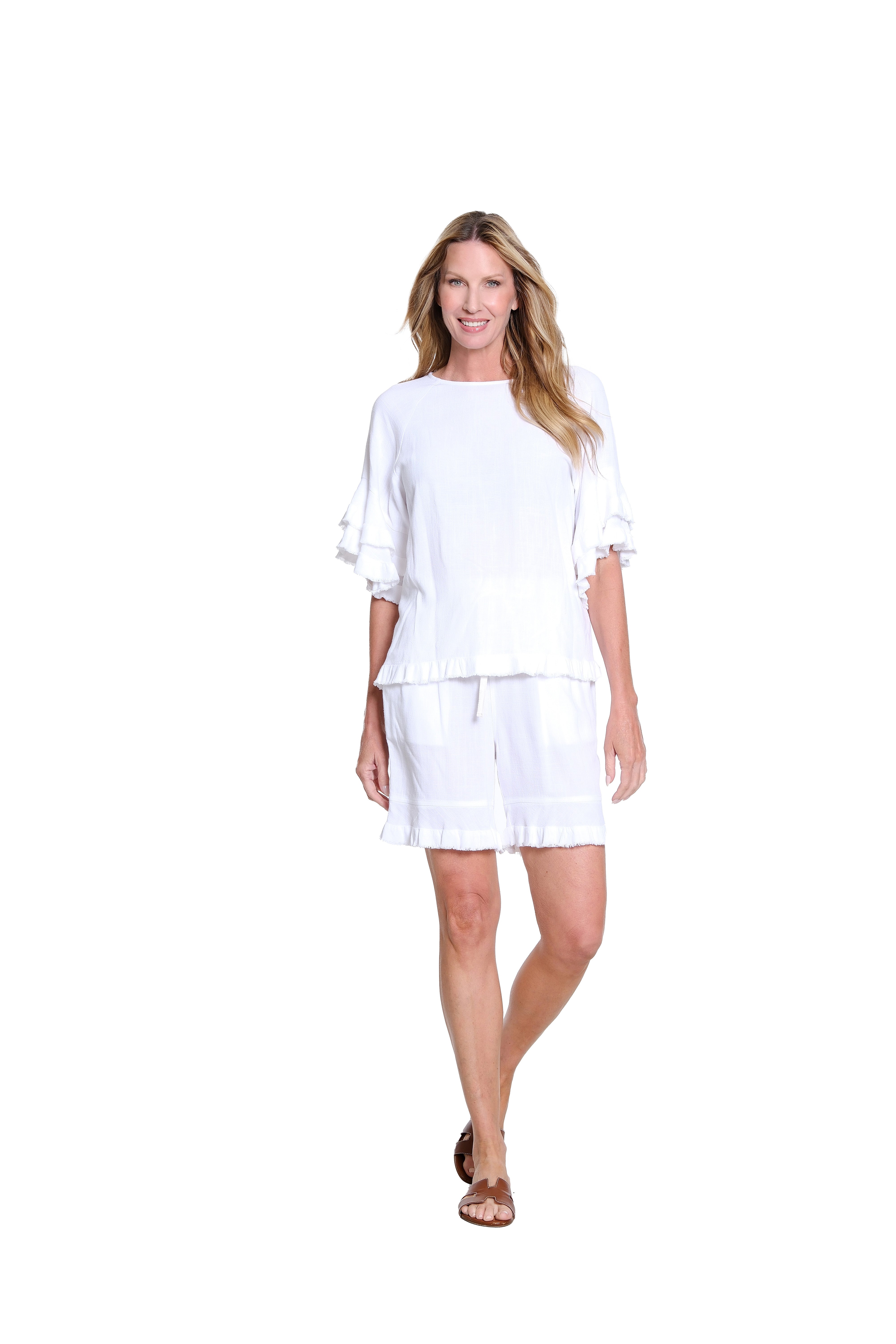 Textured Slub Top with Double Flounce Sleeves - White