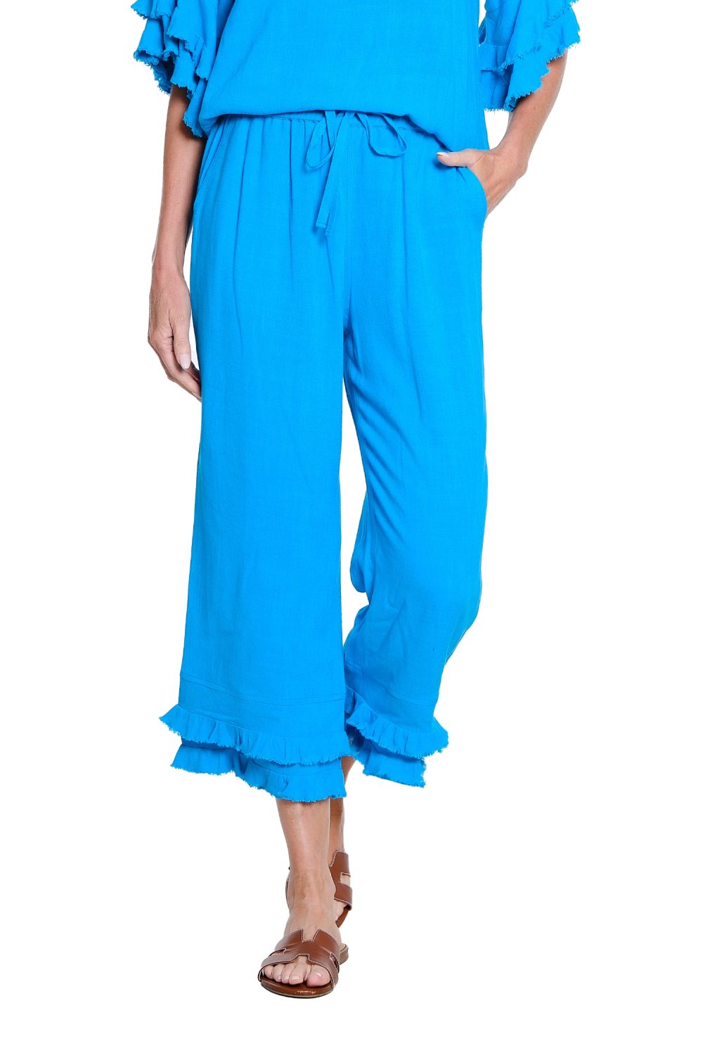 Drawstring Fringe Flounce Crop Pant - Missy