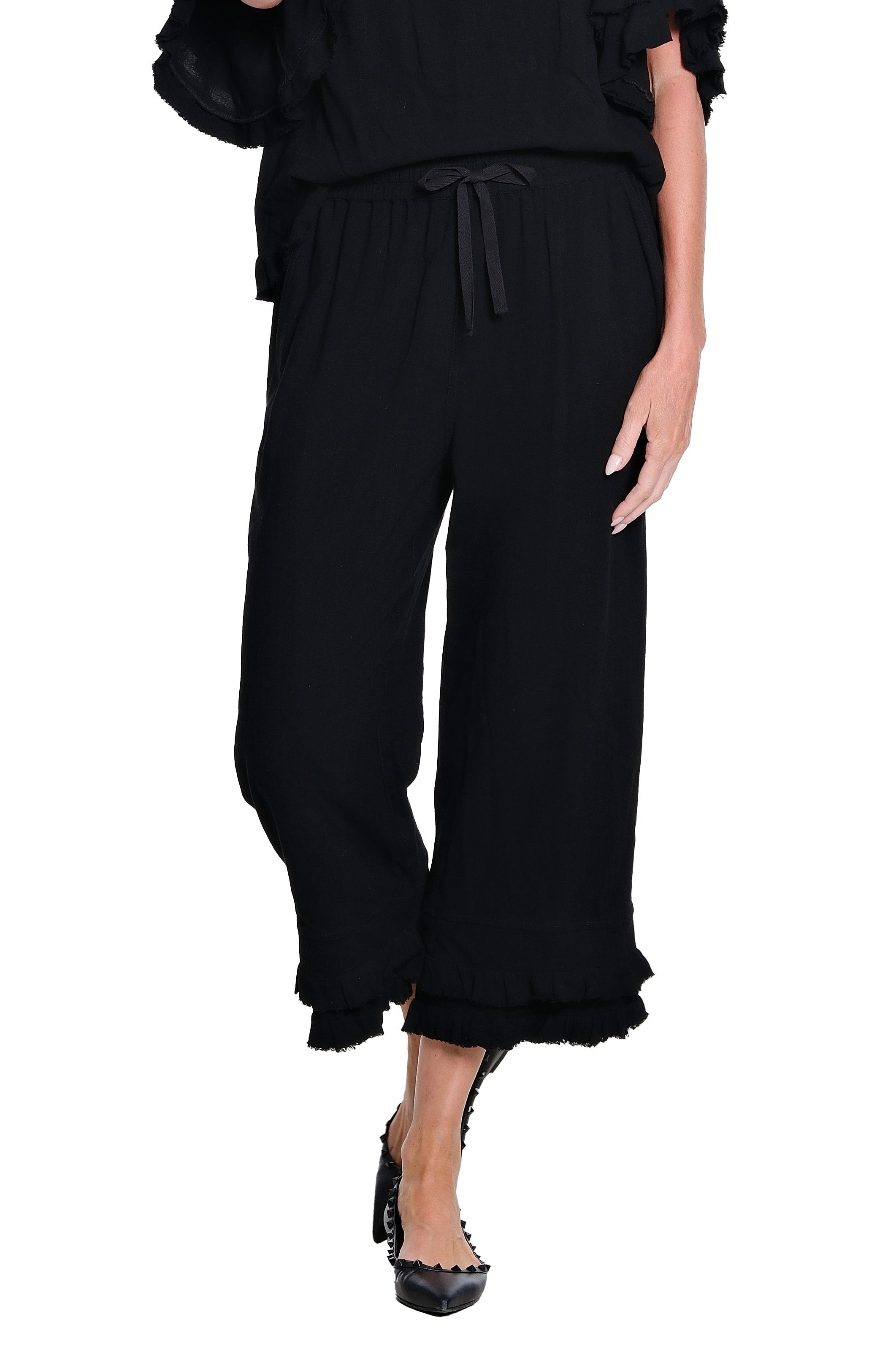 Textured Slub Crop Pant with Flounce Fringe Hem - Black