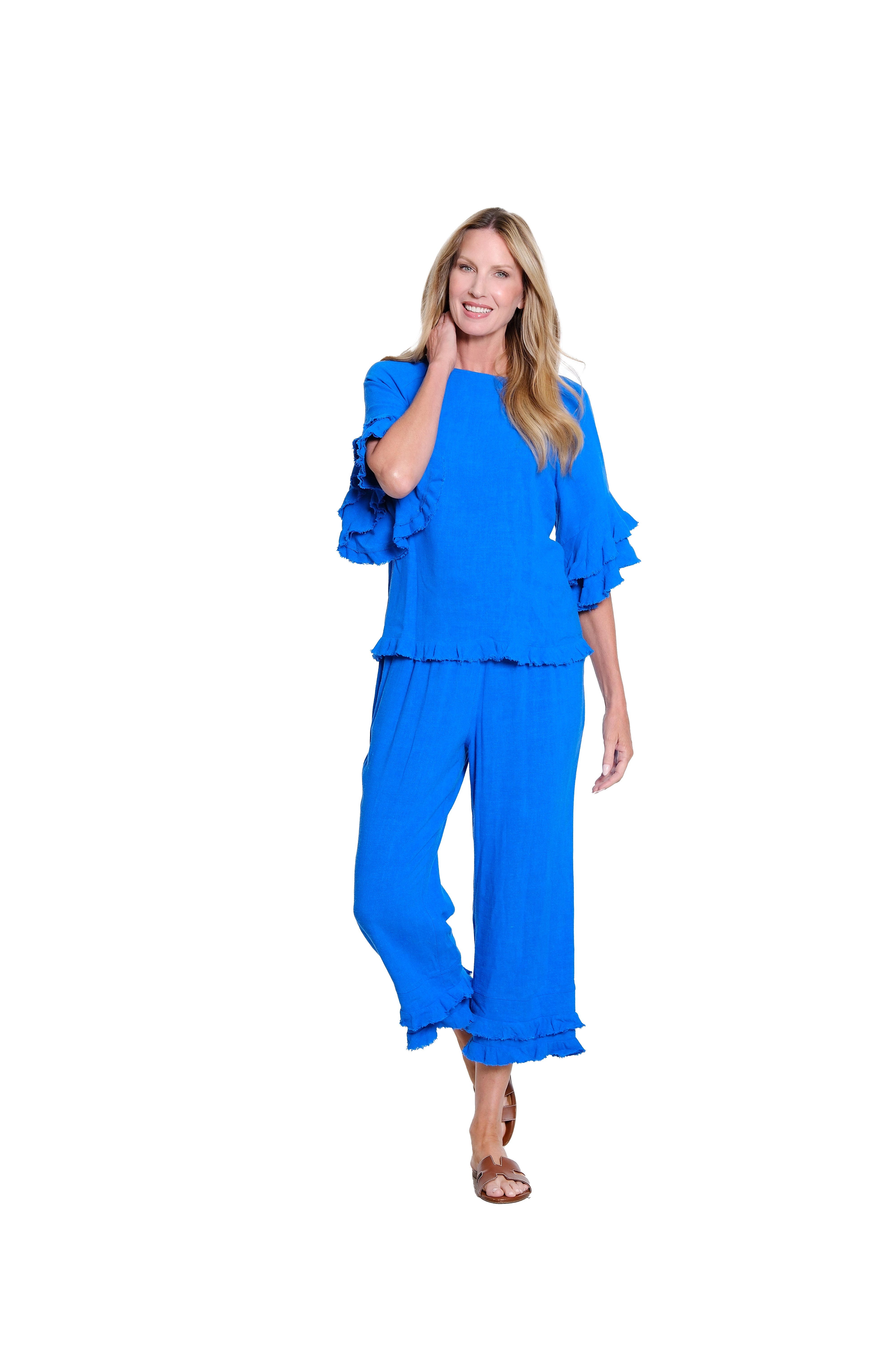 Textured Slub Crop Pant with Flounce Fringe Hem - Electric Blue