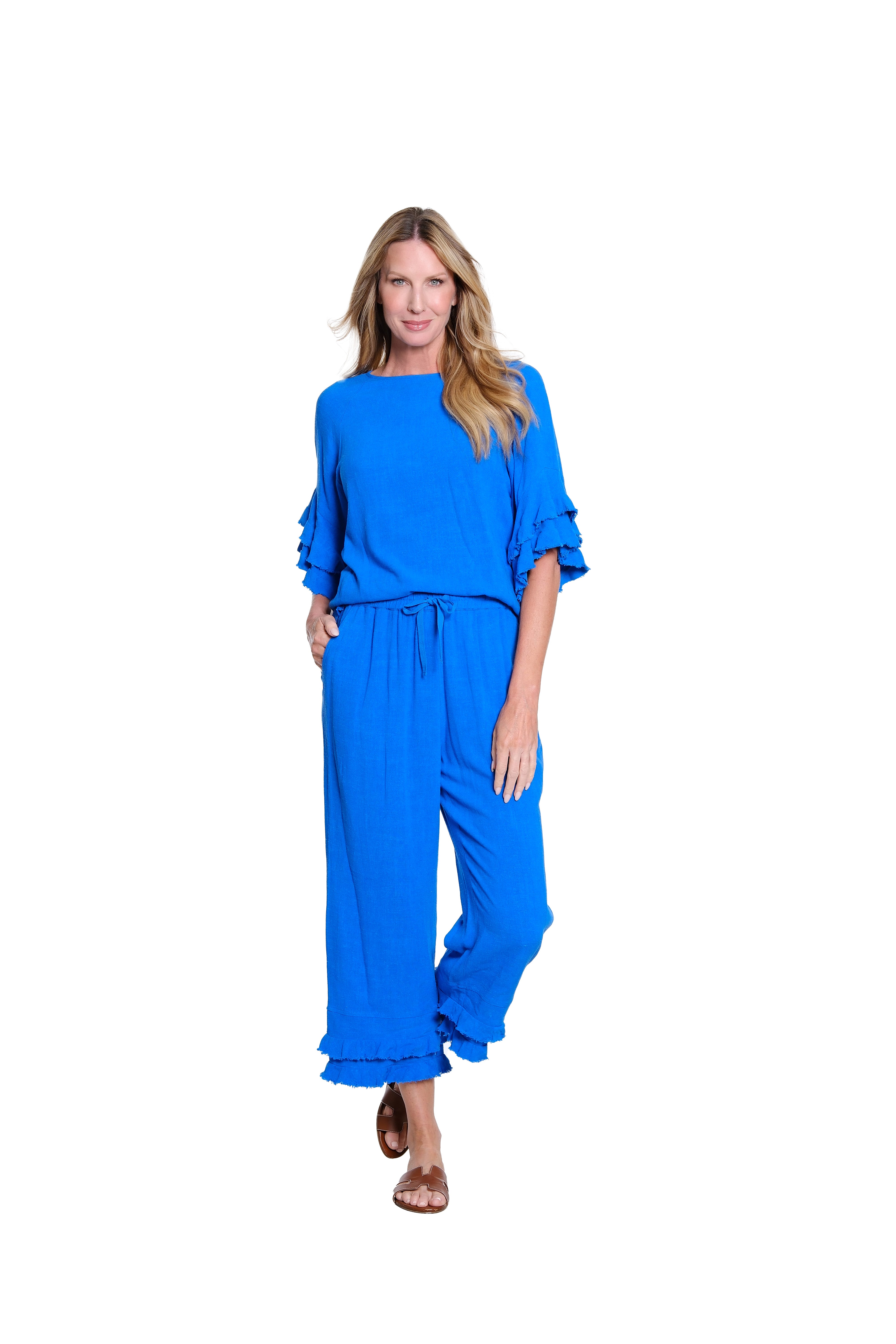 Textured Slub Crop Pant with Flounce Fringe Hem - Electric Blue