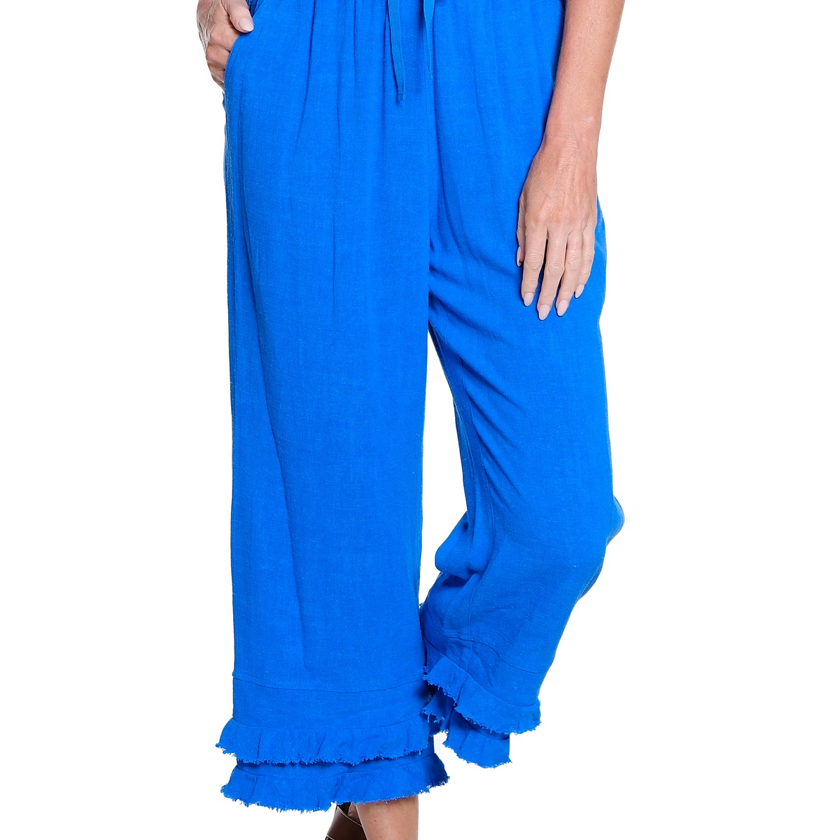 Textured Slub Crop Pant with Flounce Fringe Hem - Electric Blue