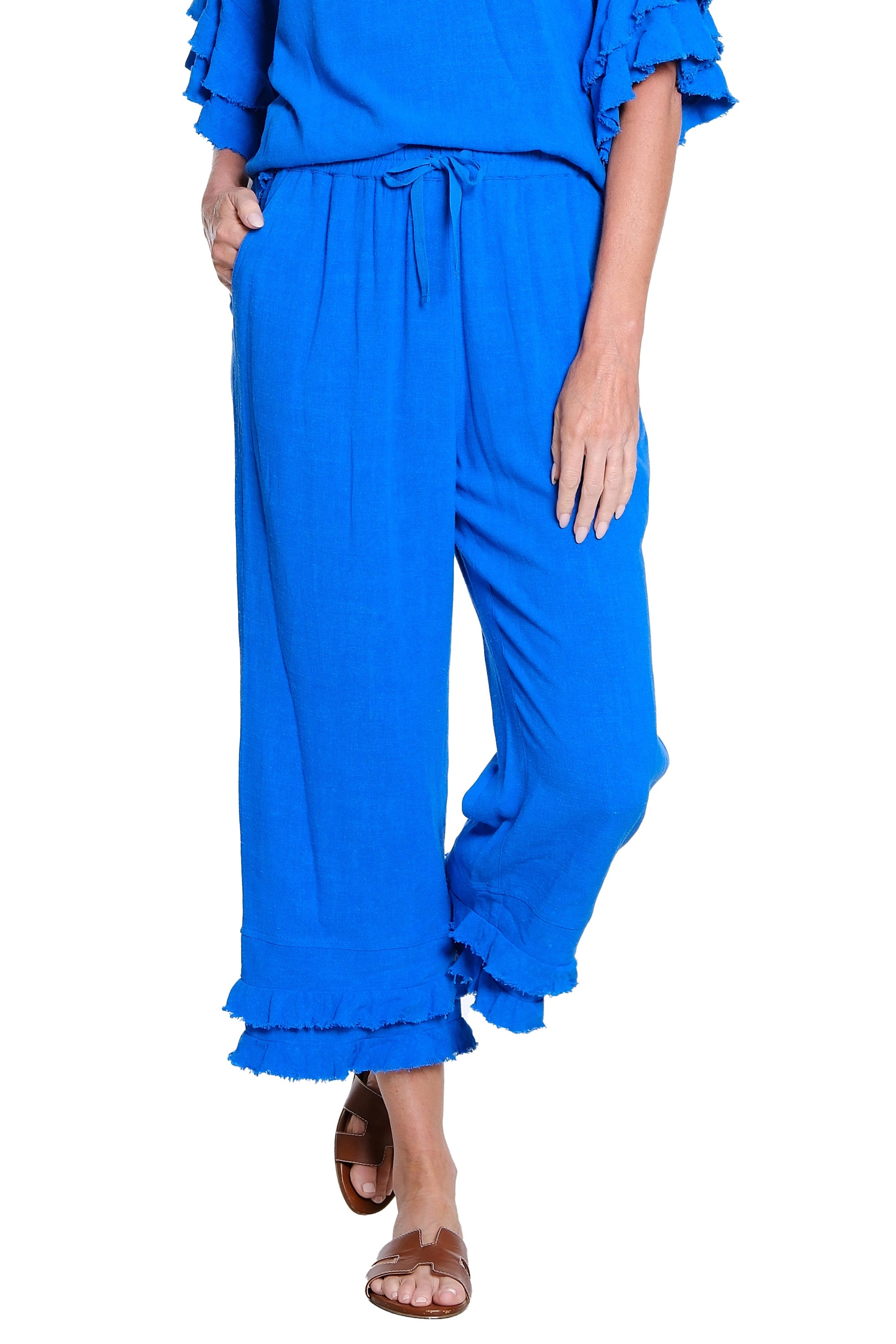 Textured Slub Crop Pant with Flounce Fringe Hem - Electric Blue