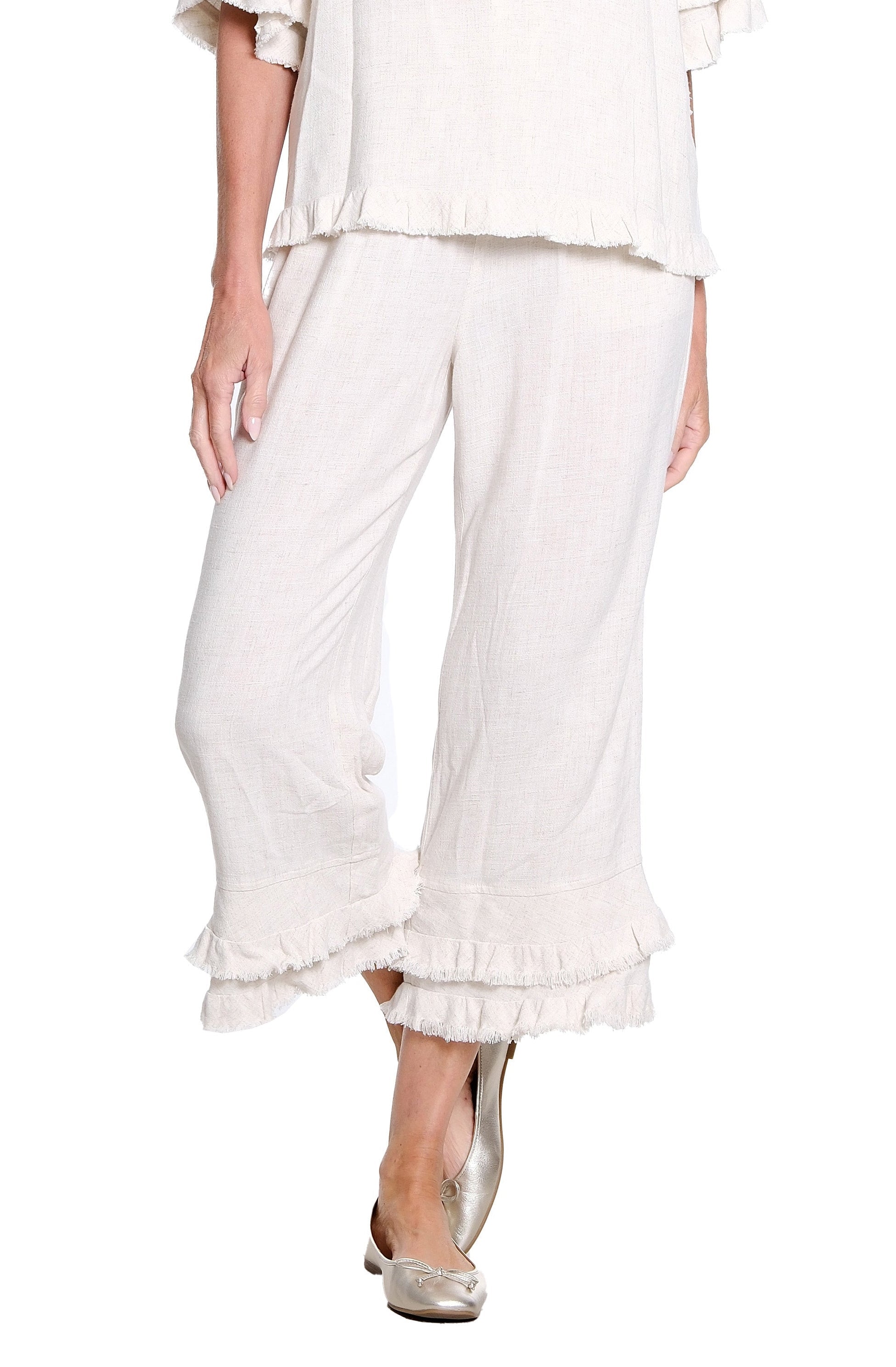 Textured Slub Crop Pant with Flounce Fringe Hem - Flax