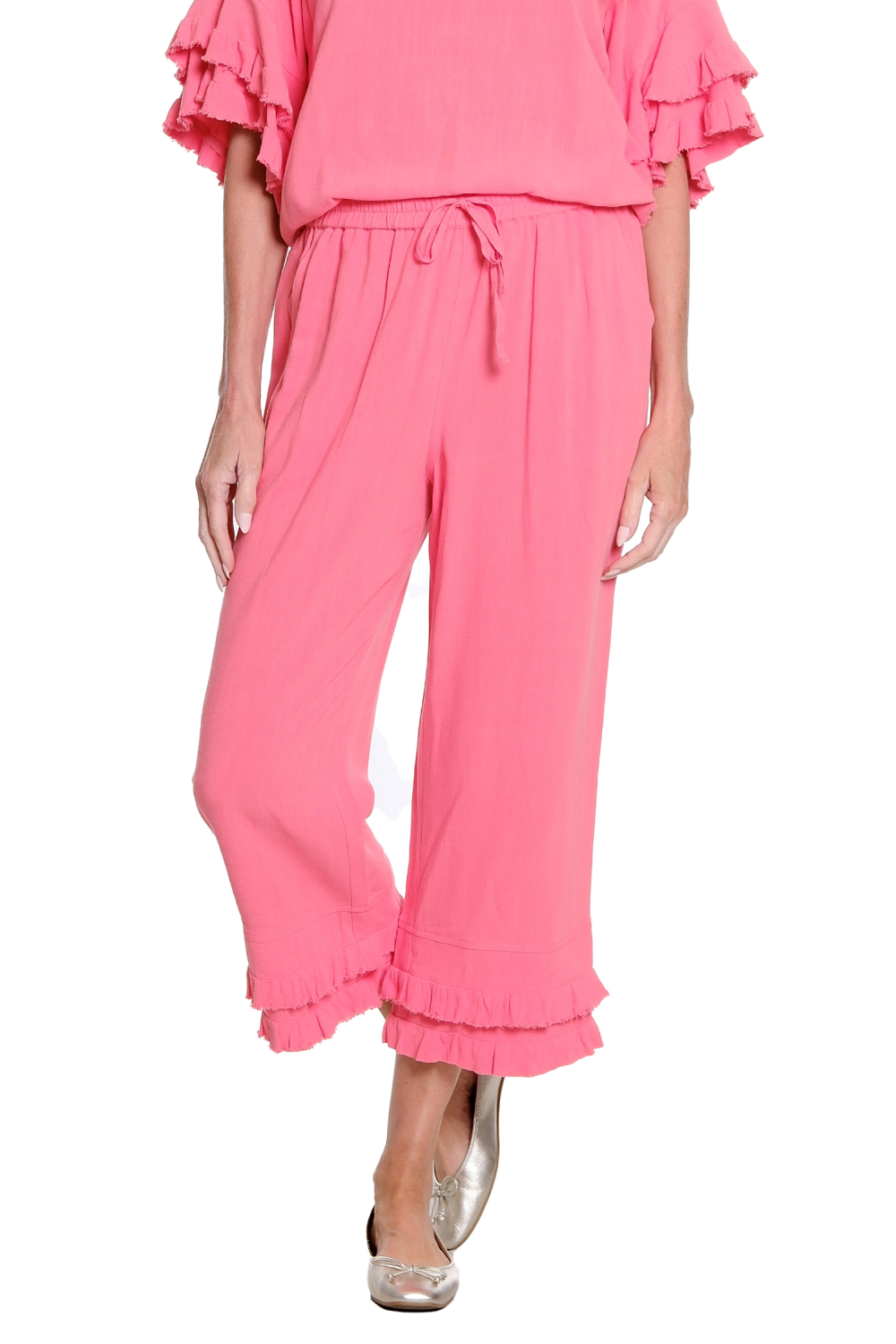 Drawstring Fringe Flounce Crop Pant- Petite