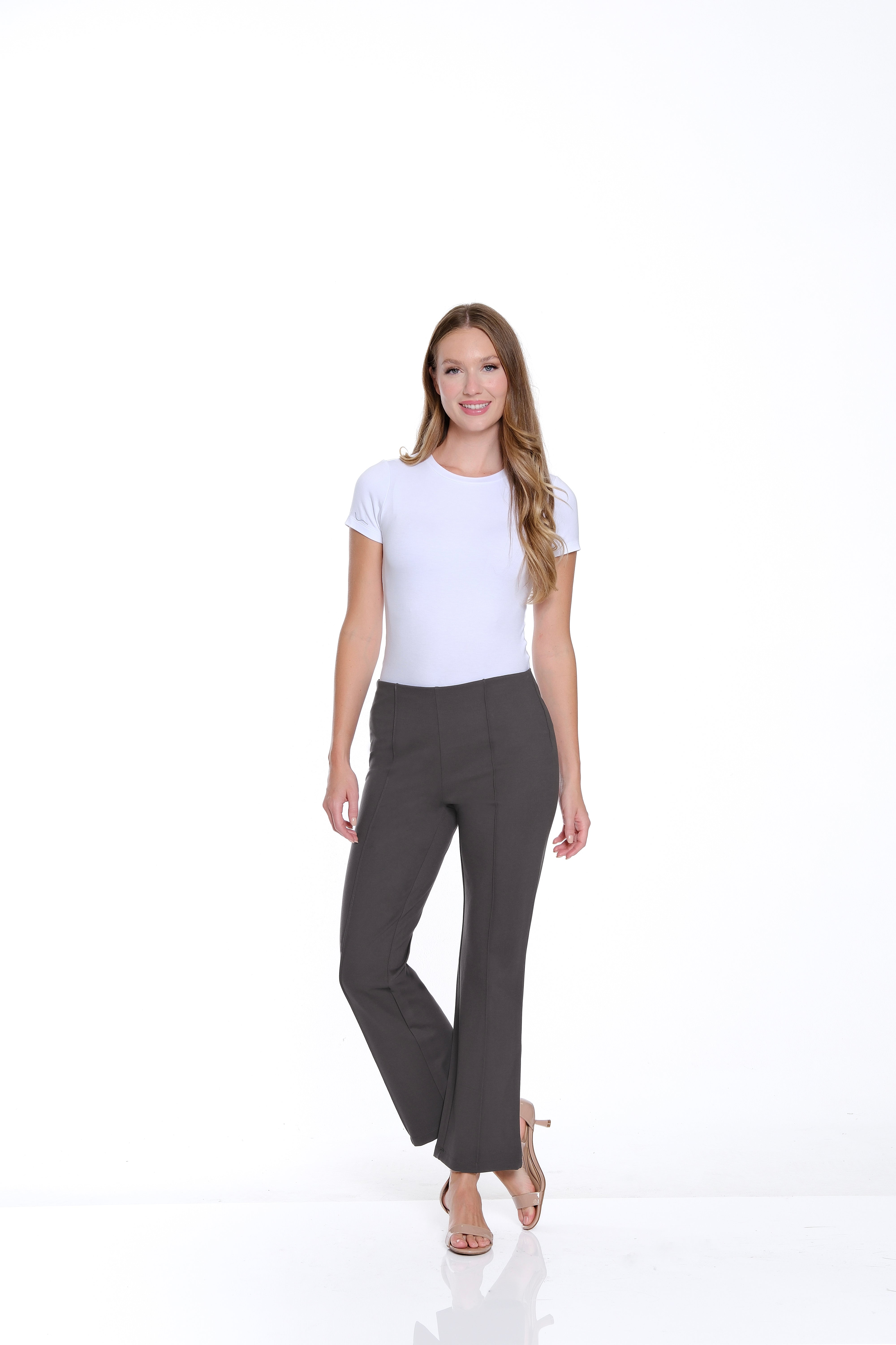 Petite Stretch Ponte Pintuck Flare Leg Pant - Medium Grey