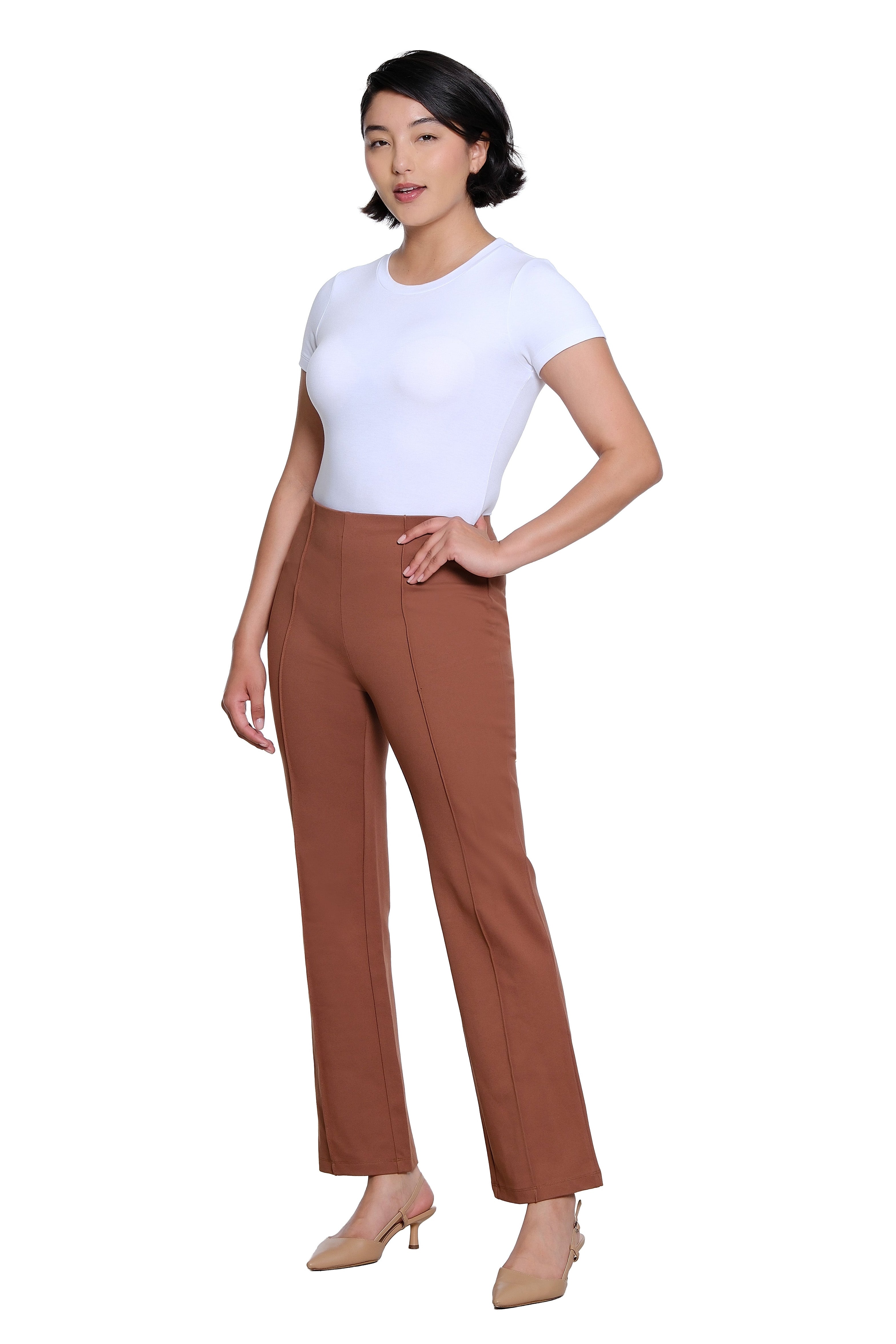Elastic No Waist Pintuck Flare Leg Knit Ankle Pant - Cocoa