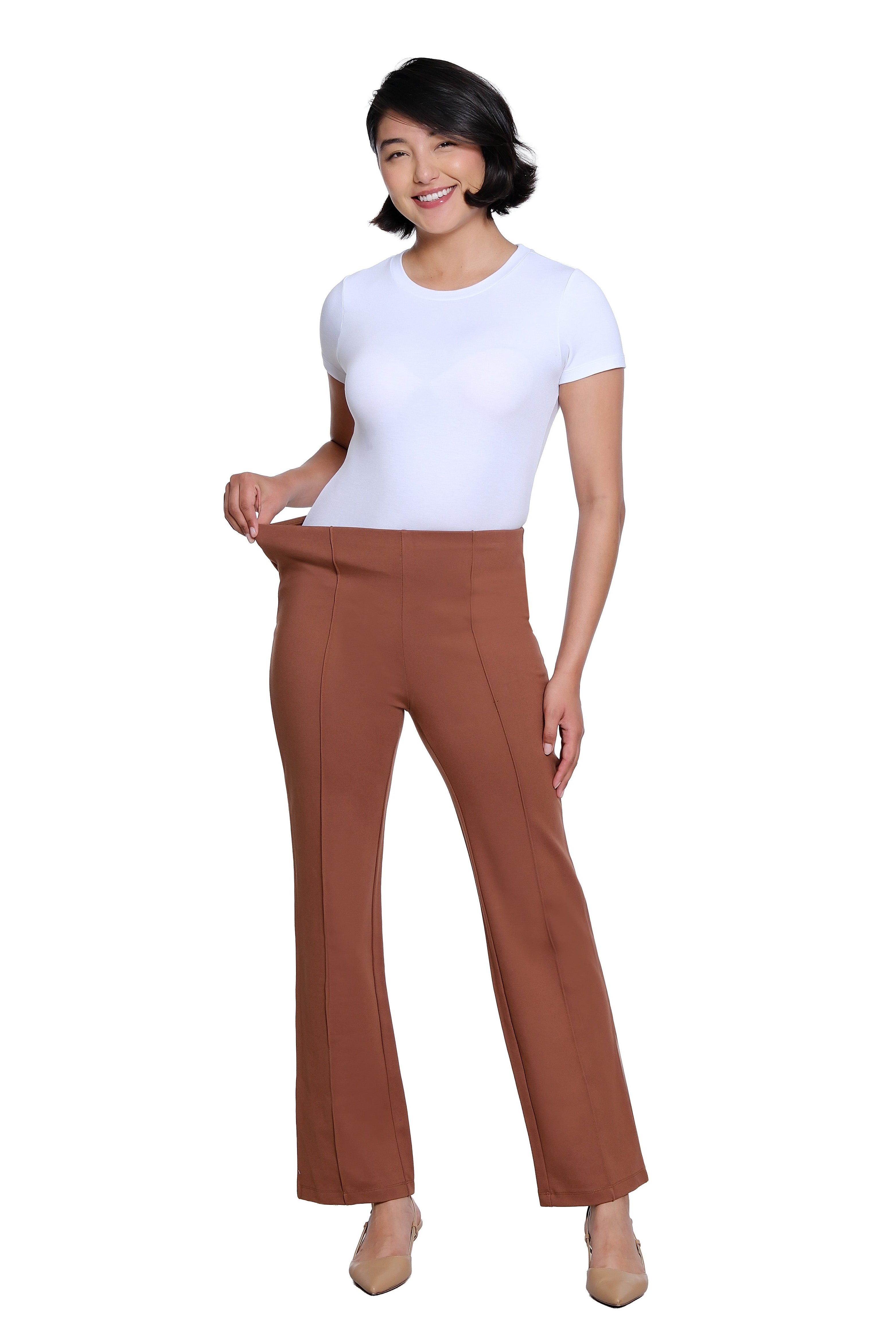 Elastic No Waist Pintuck Flare Leg Knit Ankle Pant - Cocoa
