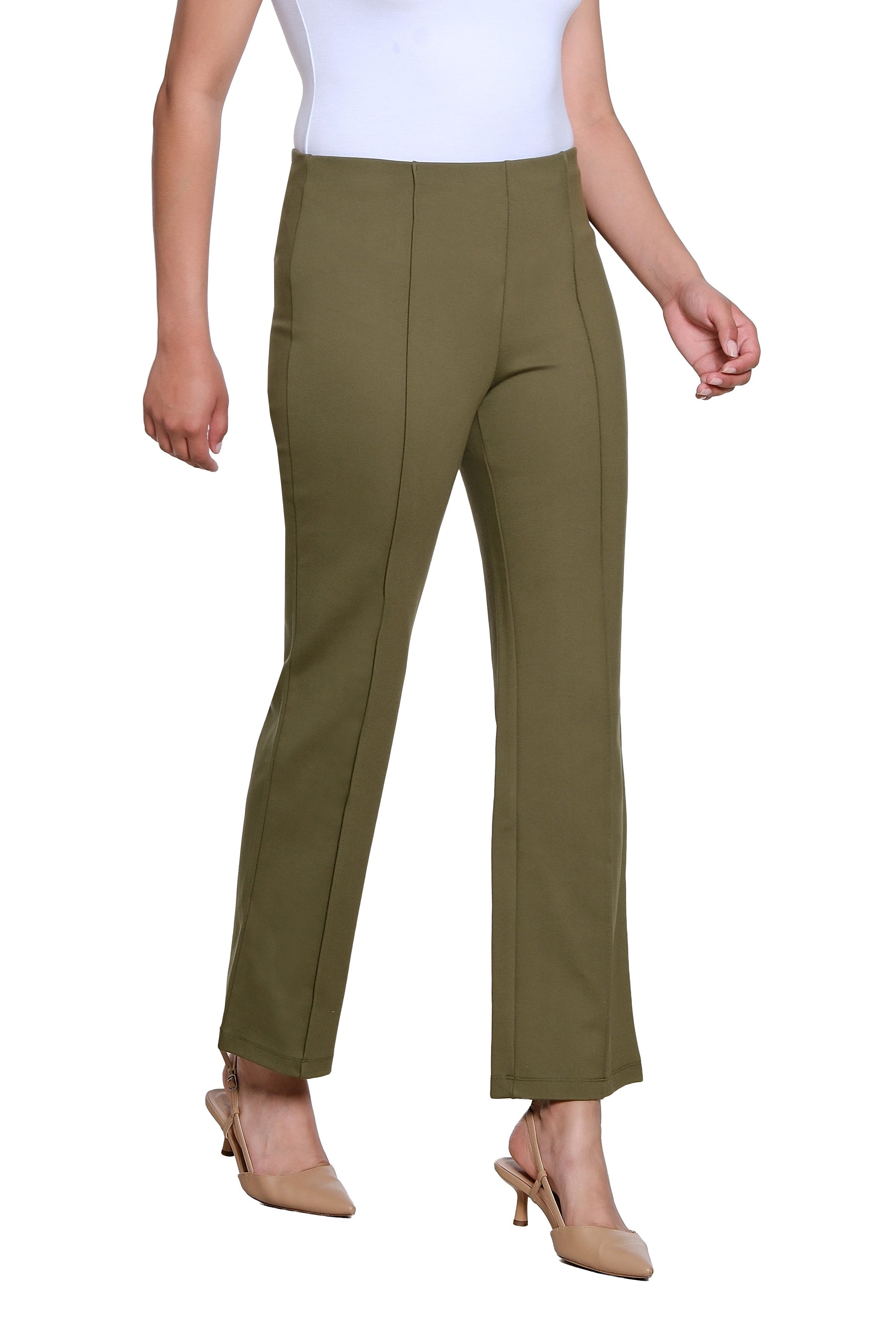 Elastic No Waist Pintuck Flare Leg Knit Ankle Pant - Olive