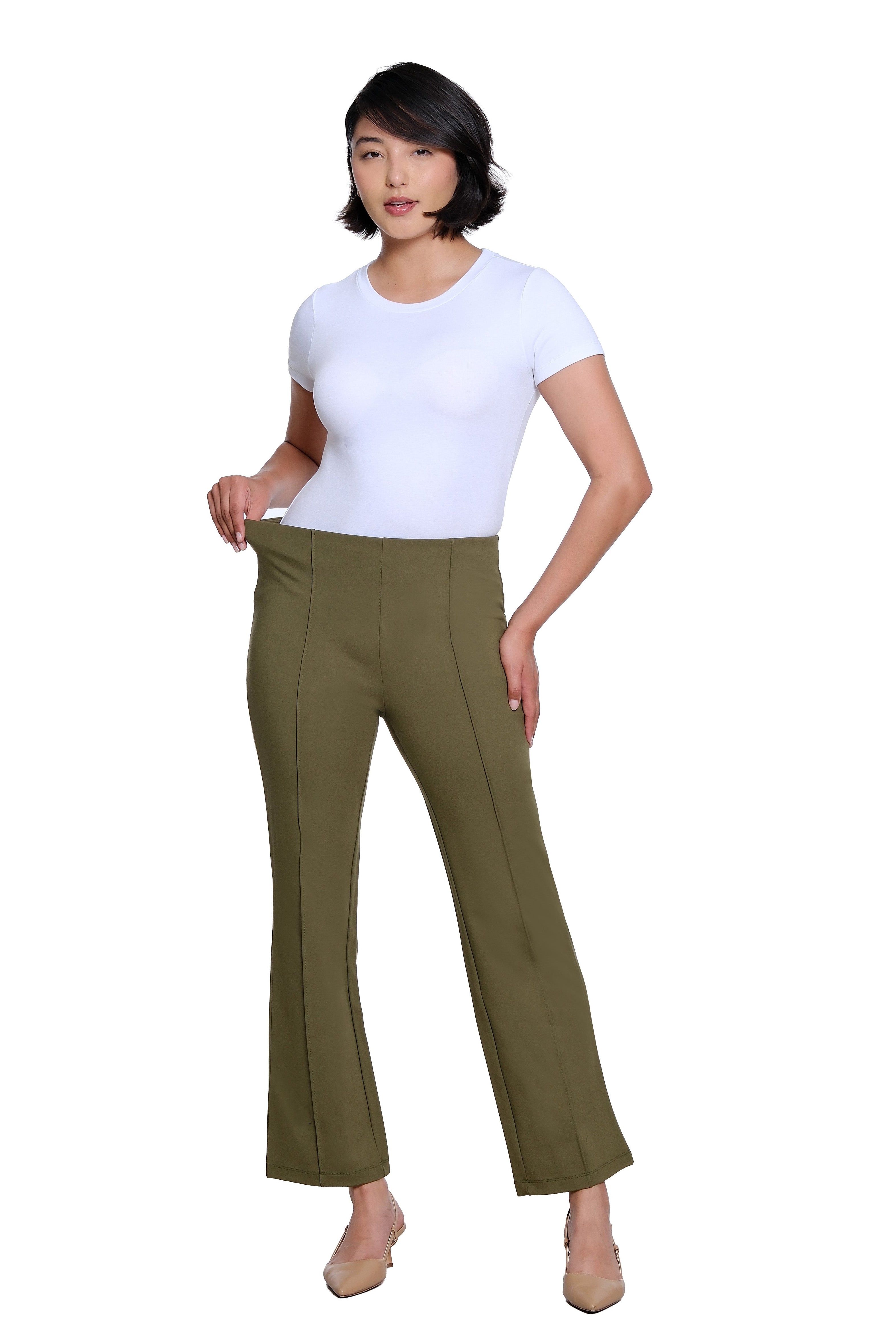 Elastic No Waist Pintuck Flare Leg Knit Ankle Pant - Olive