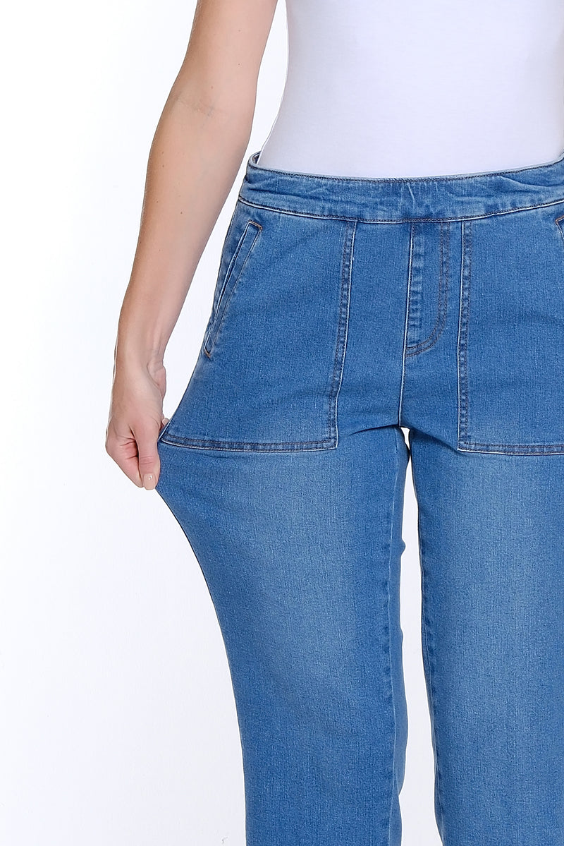 Wide Leg Crop Denim Jean with Fringe Hem - Medium Indigo