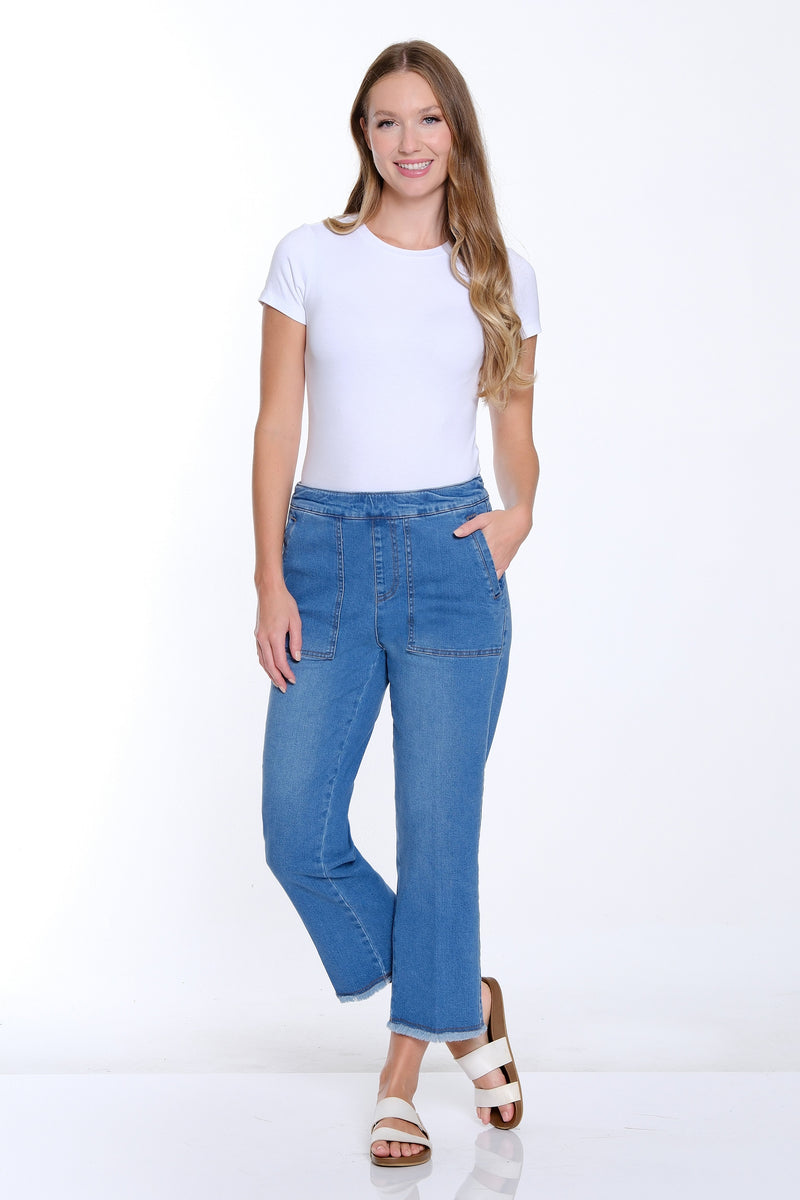 Wide Leg Crop Denim Jean with Fringe Hem - Medium Indigo