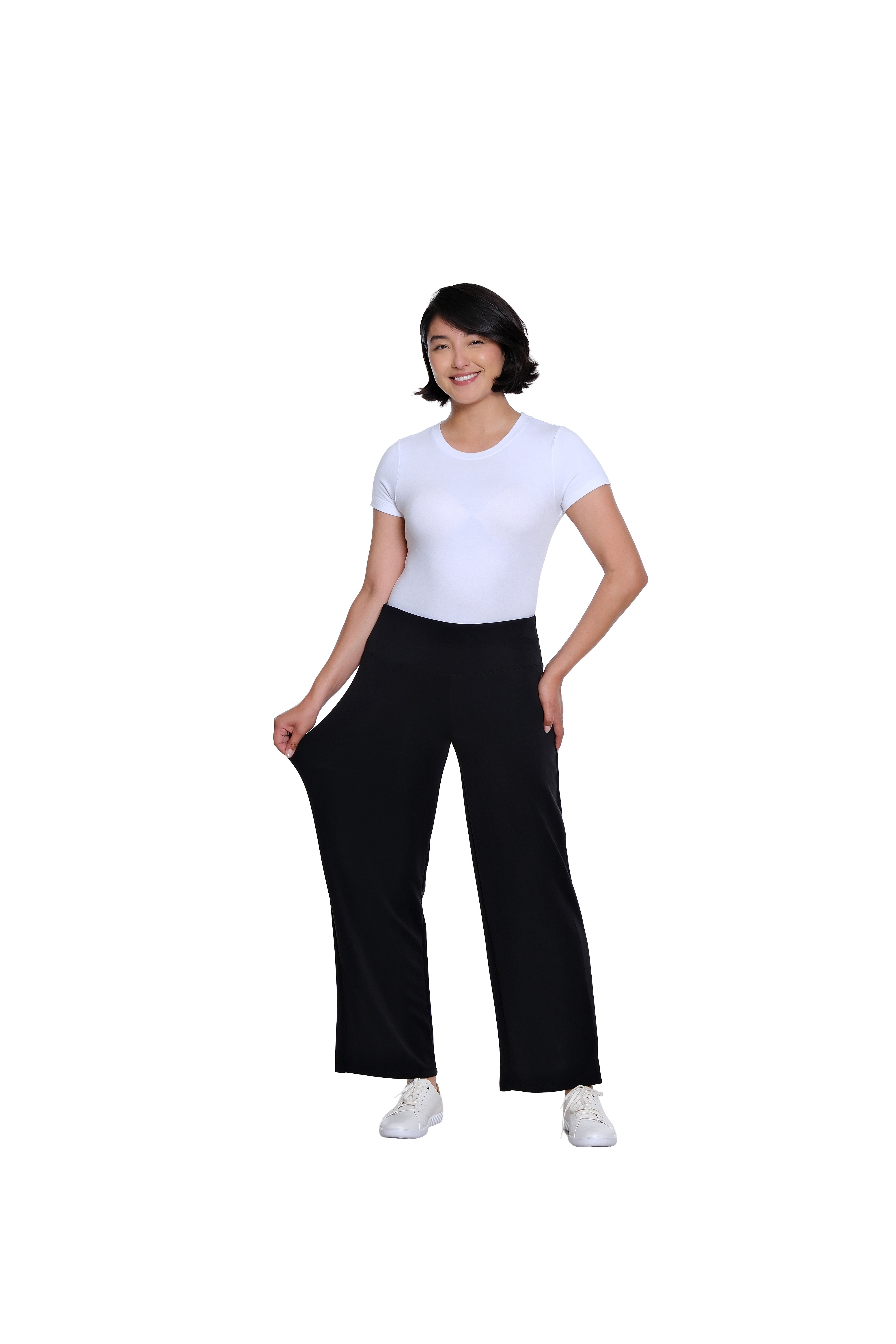 Wide Band Pull On Wide Leg Knit Ankle Pant - Black