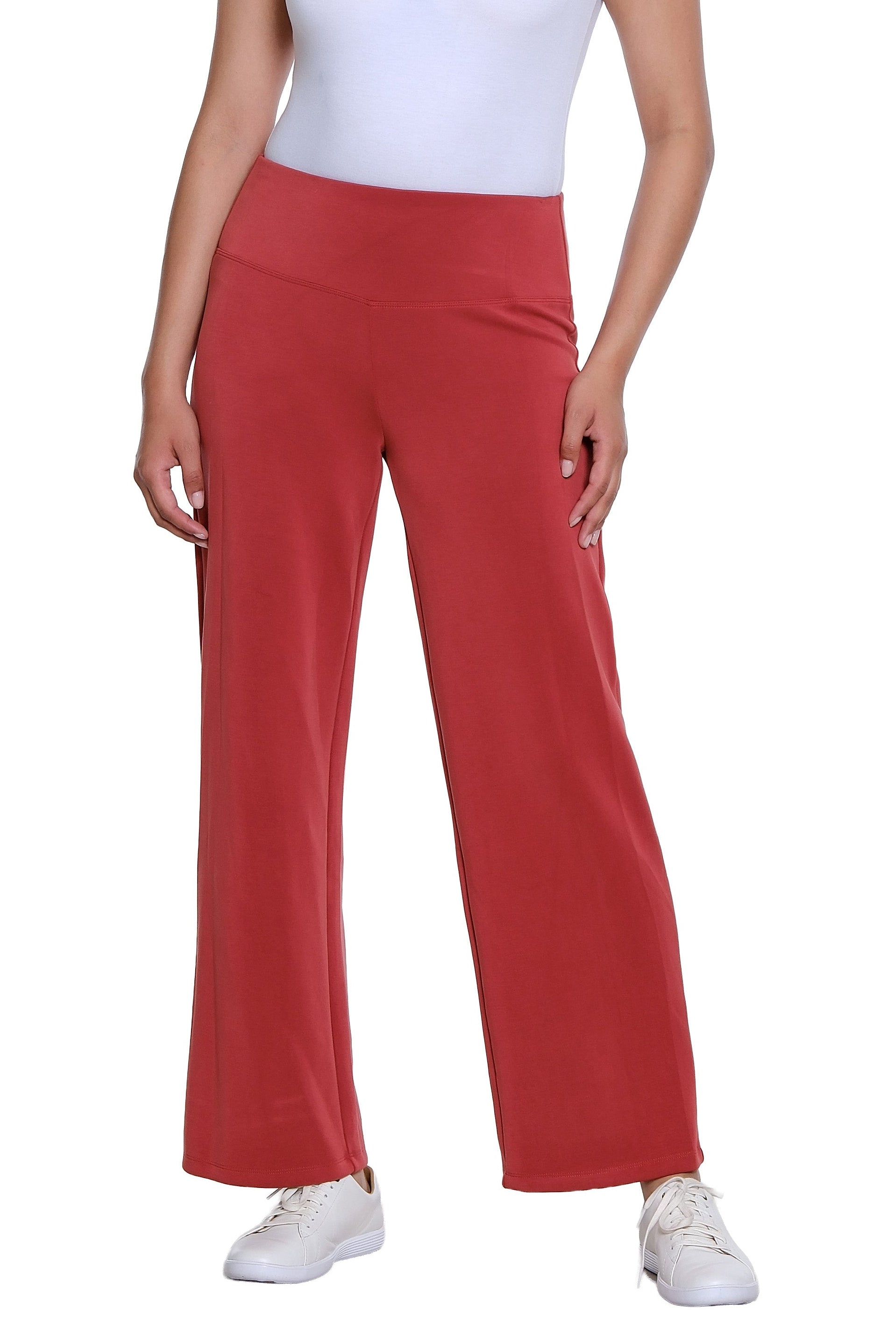 Wide Band Pull On Wide Leg Knit Ankle Pant - Brick