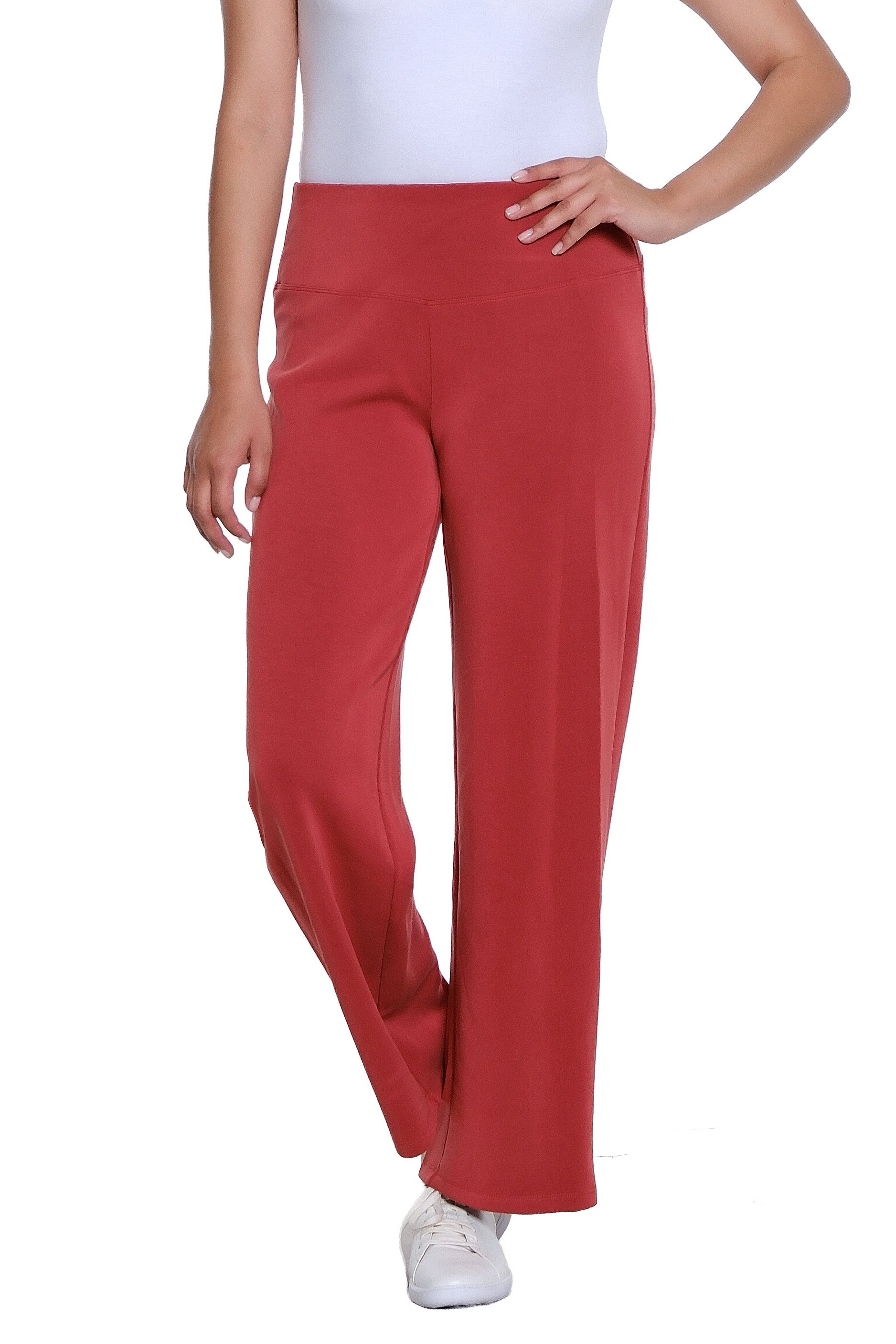 Wide Band Pull On Wide Leg Knit Ankle Pant - Brick
