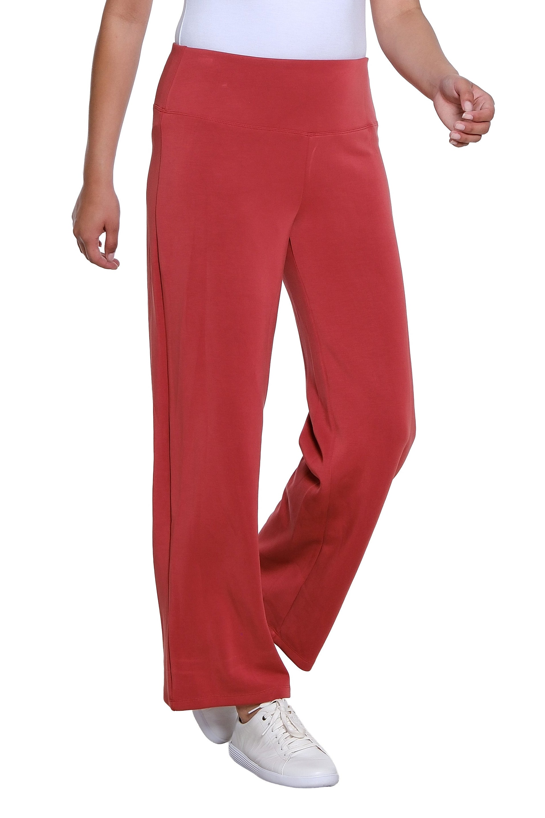 Wide Band Pull On Wide Leg Knit Ankle Pant - Brick